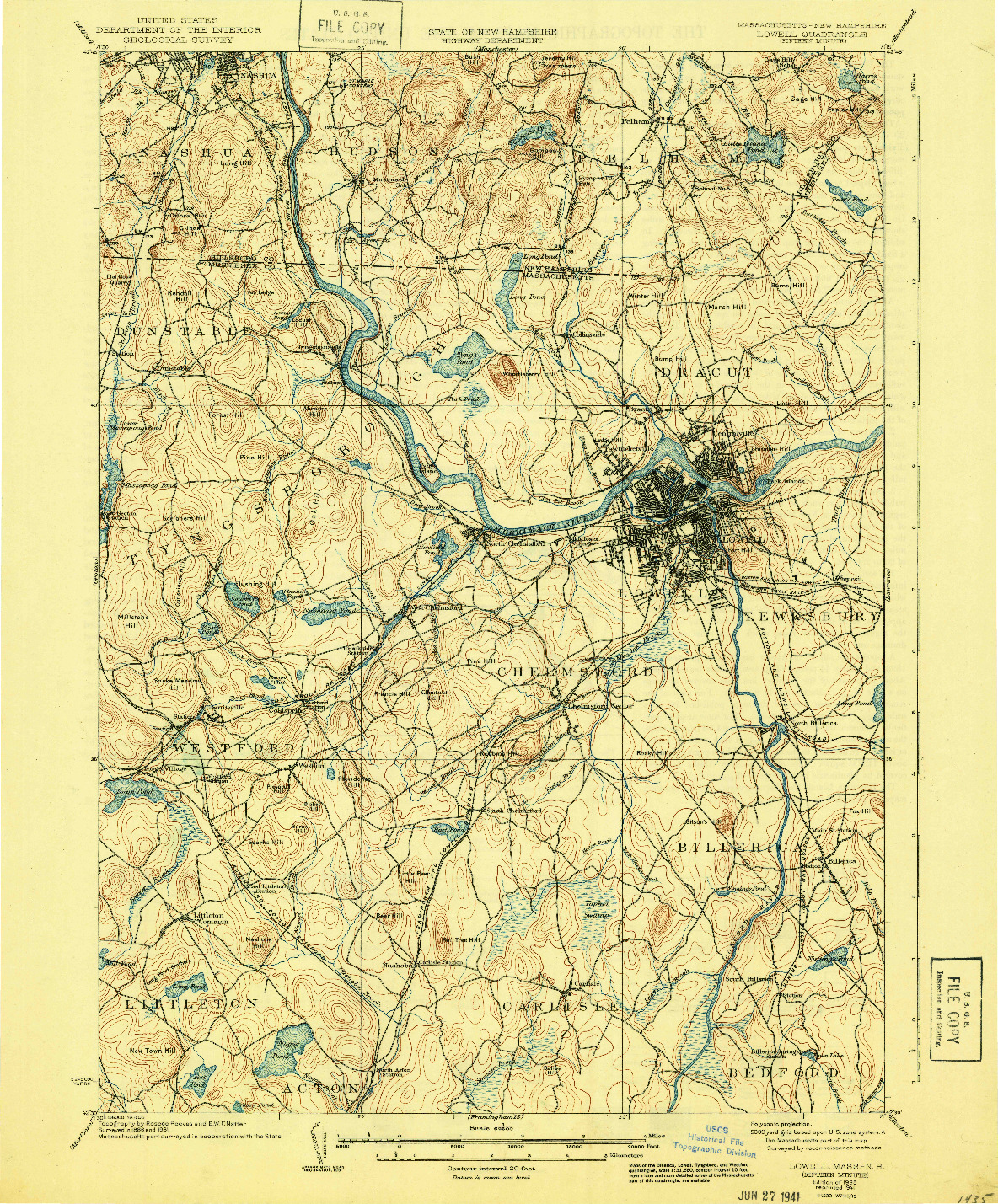 USGS 1:62500-SCALE QUADRANGLE FOR LOWELL, MA 1935