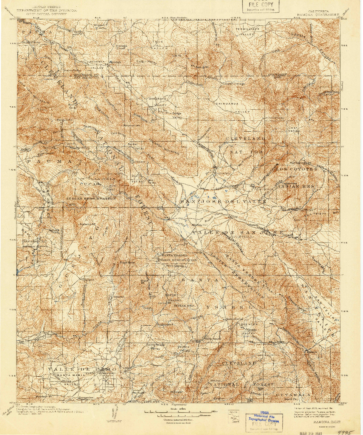USGS 1:125000-SCALE QUADRANGLE FOR RAMONA, CA 1903