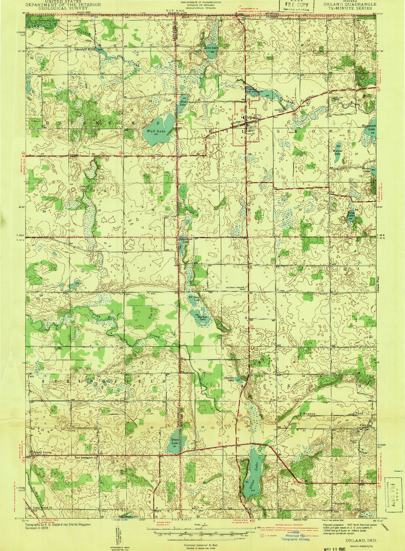 USGS 1:24000-SCALE QUADRANGLE FOR ORLAND, IN 1941