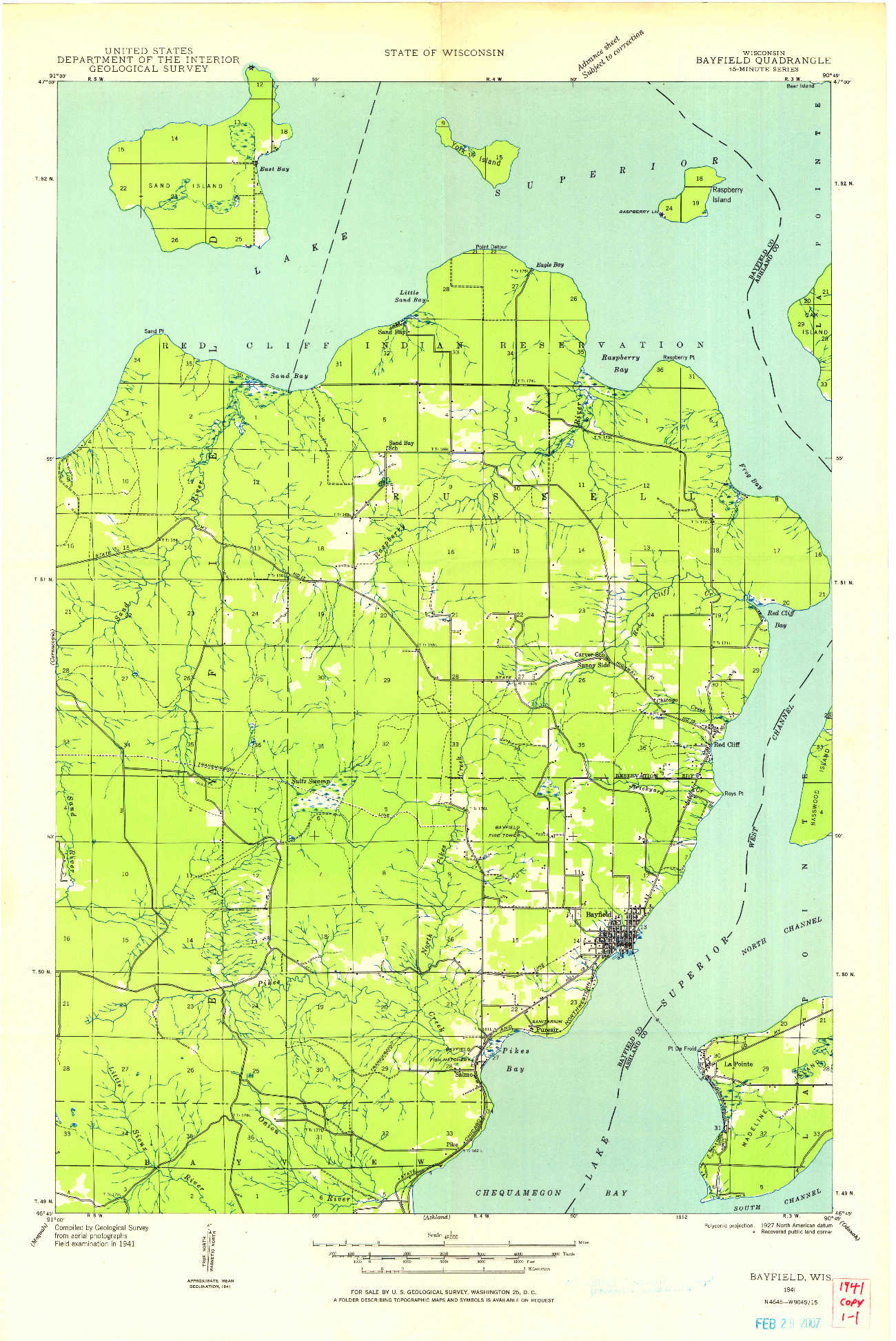 USGS 1:48000-SCALE QUADRANGLE FOR BAYFIELD, WI 1941