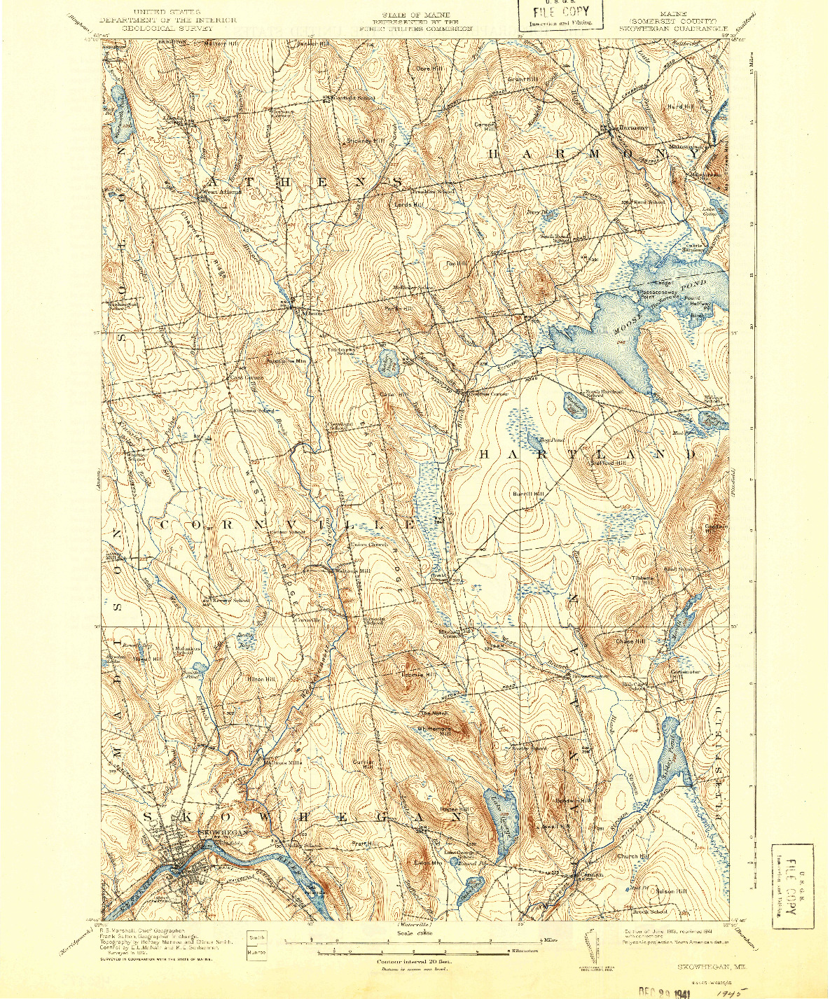 USGS 1:62500-SCALE QUADRANGLE FOR SKOWHEGAN, ME 1913