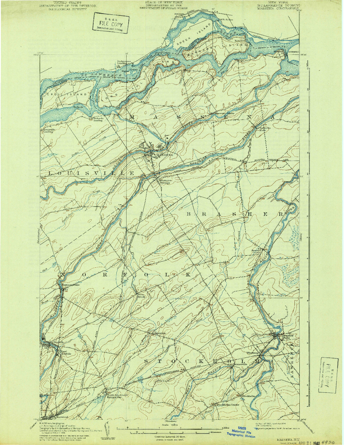 USGS 1:62500-SCALE QUADRANGLE FOR MASSENA, NY 1907