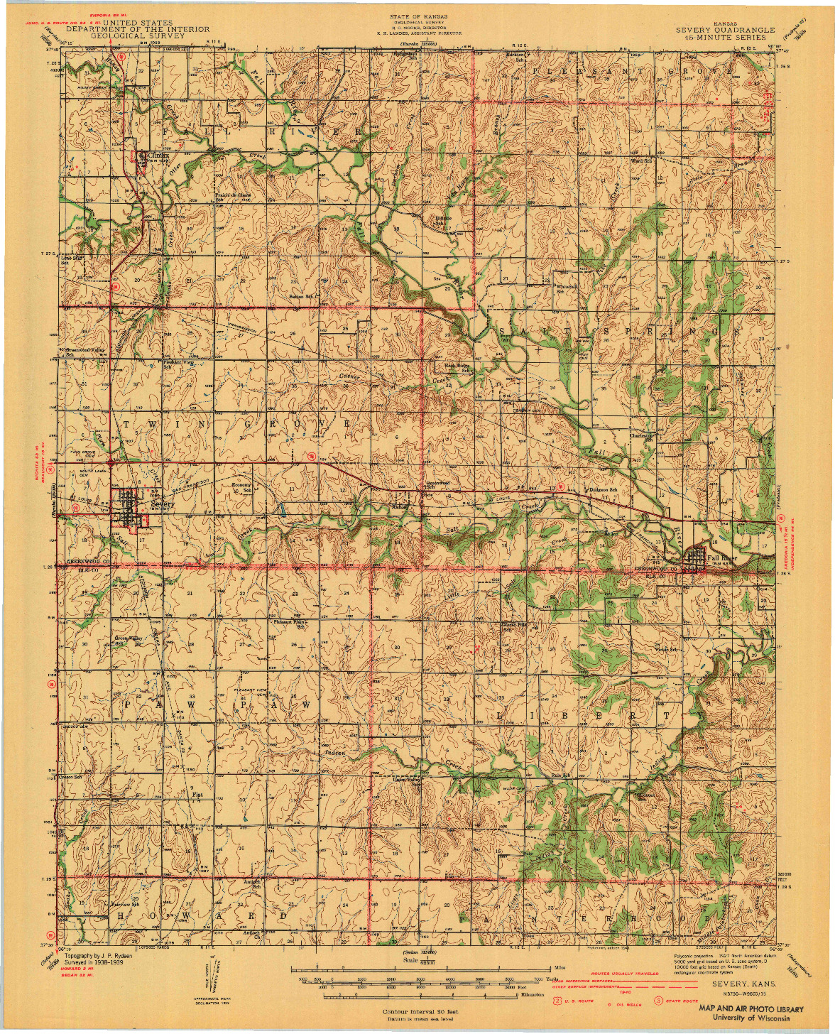 USGS 1:62500-SCALE QUADRANGLE FOR SEVERY, KS 1941