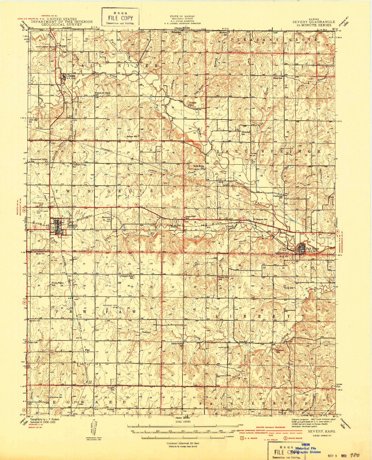USGS 1:62500-SCALE QUADRANGLE FOR SEVERY, KS 1941