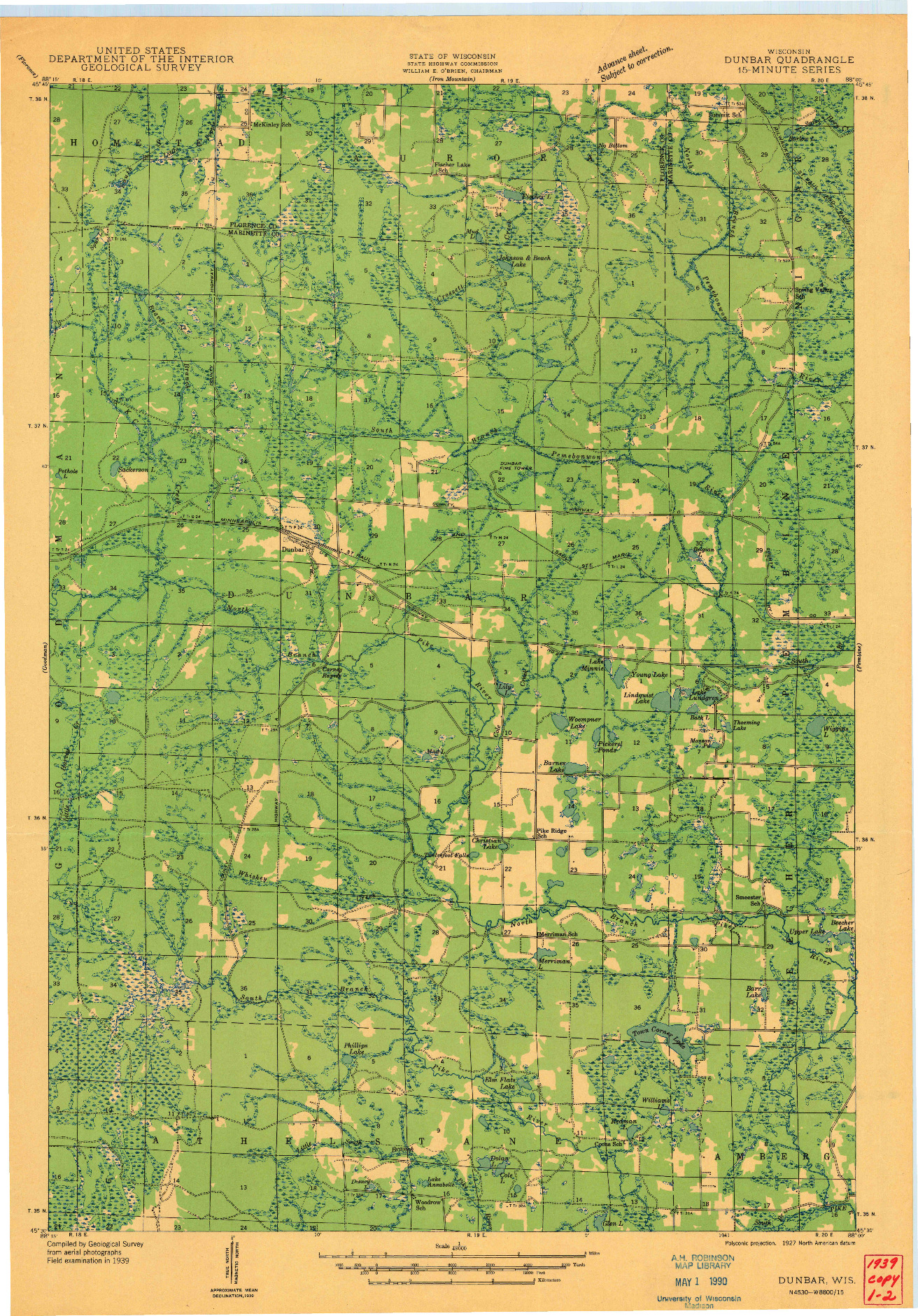 USGS 1:48000-SCALE QUADRANGLE FOR DUNBAR, WI 1941