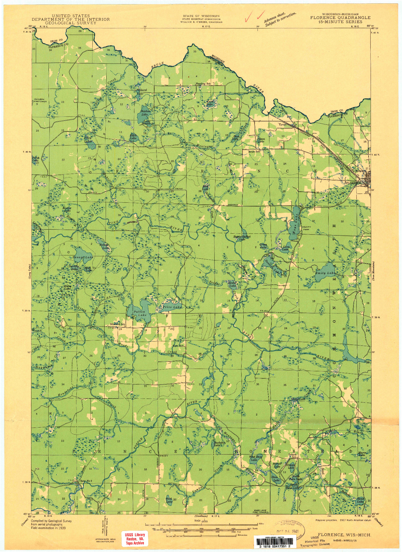 USGS 1:48000-SCALE QUADRANGLE FOR FLORENCE, WI 1941