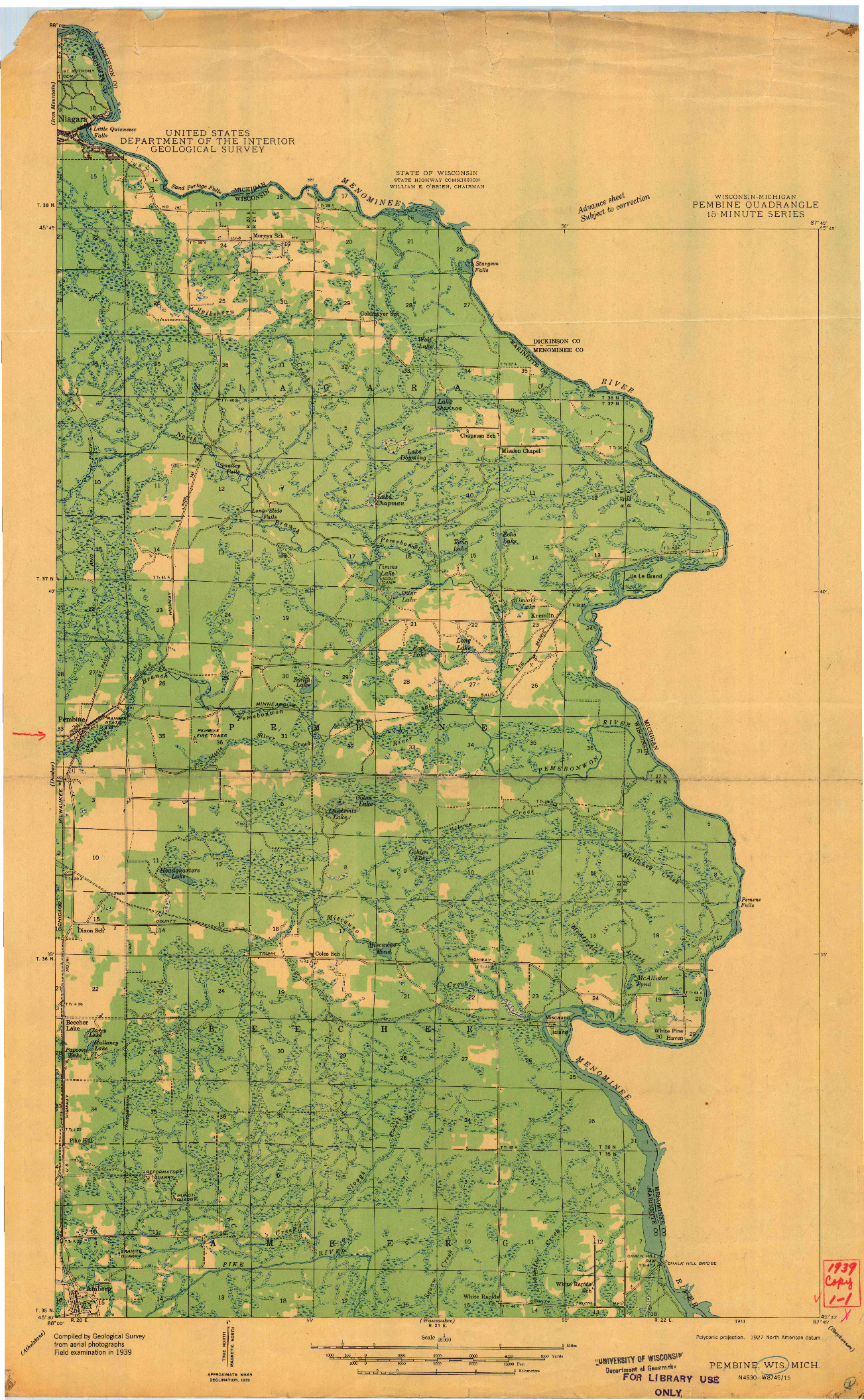 USGS 1:48000-SCALE QUADRANGLE FOR PEMBINE, WI 1939