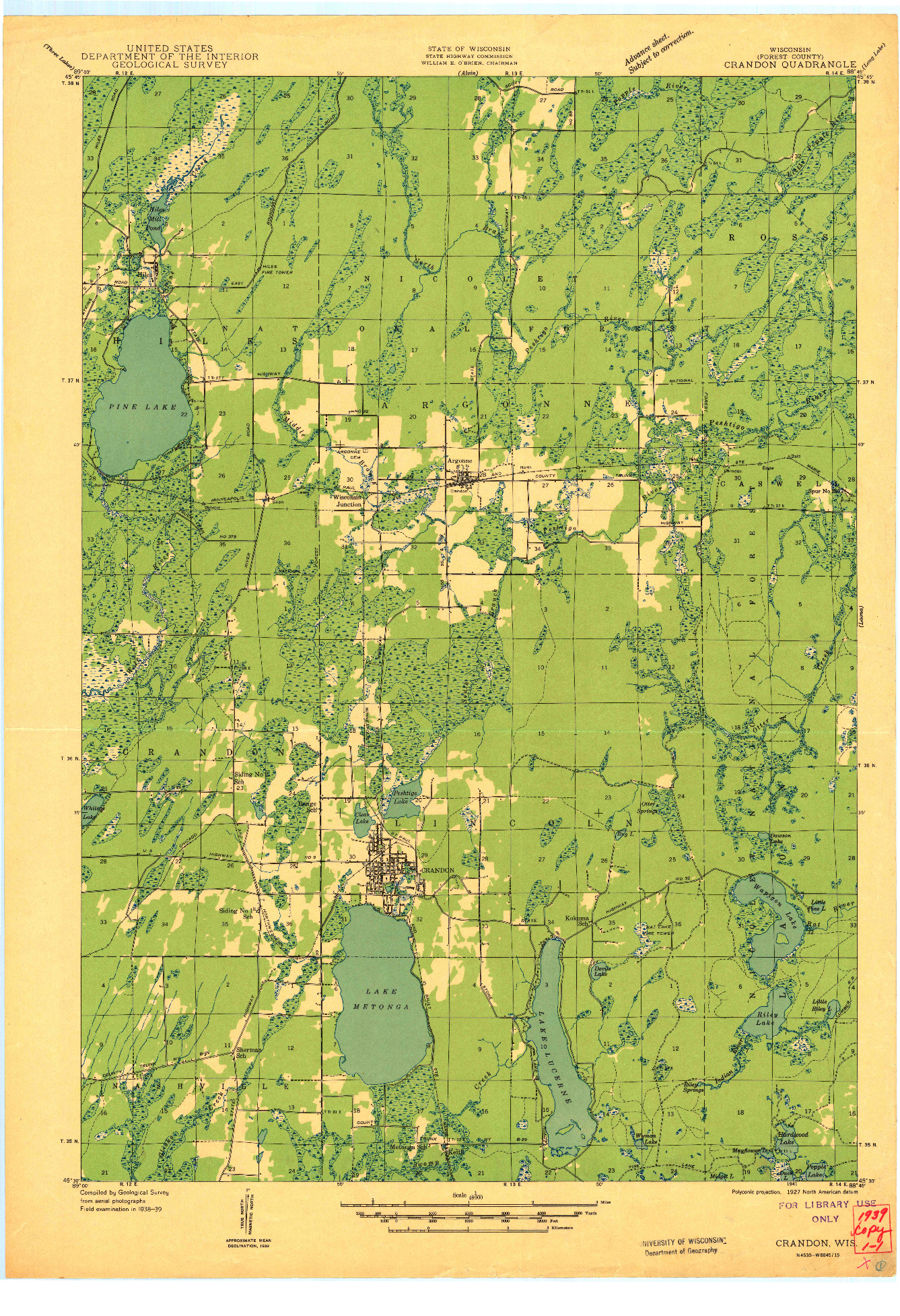 USGS 1:48000-SCALE QUADRANGLE FOR CRANDON, WI 1941