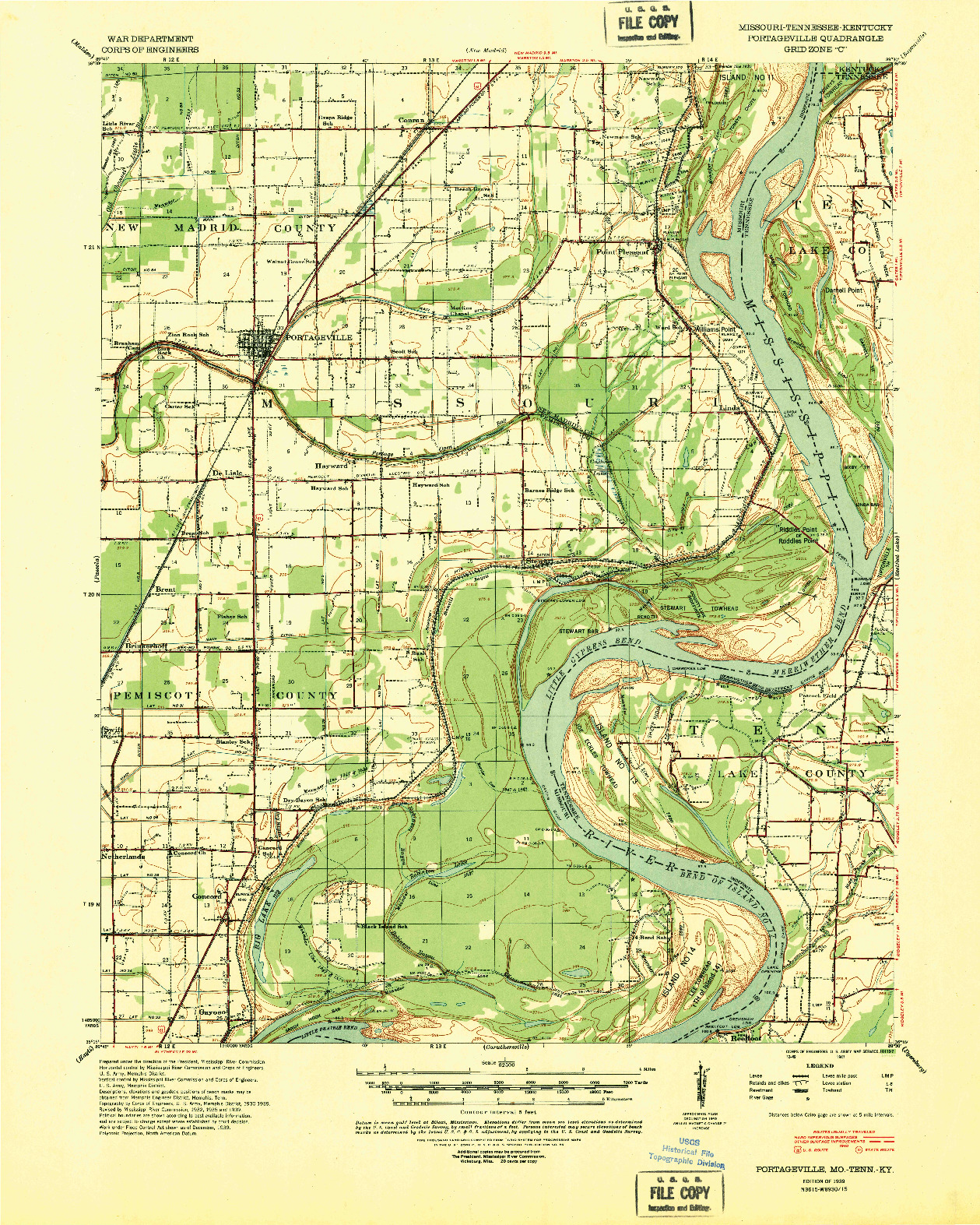USGS 1:62500-SCALE QUADRANGLE FOR PORTAGEVILLE, MO 1939