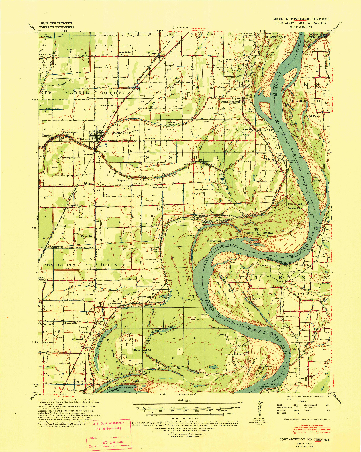 USGS 1:62500-SCALE QUADRANGLE FOR PORTAGEVILLE, MO 1939