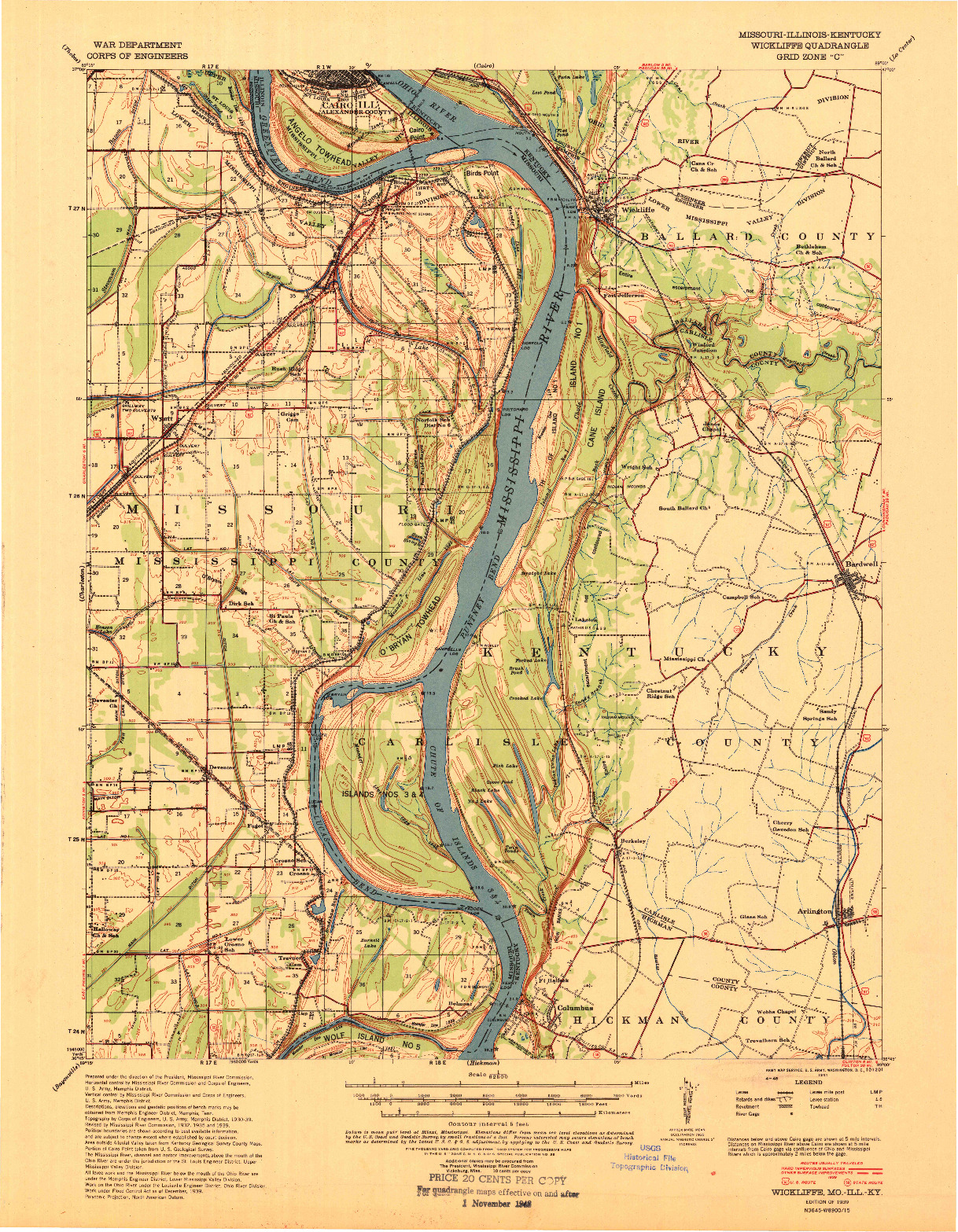 USGS 1:62500-SCALE QUADRANGLE FOR WICKLIFFE, MO 1939