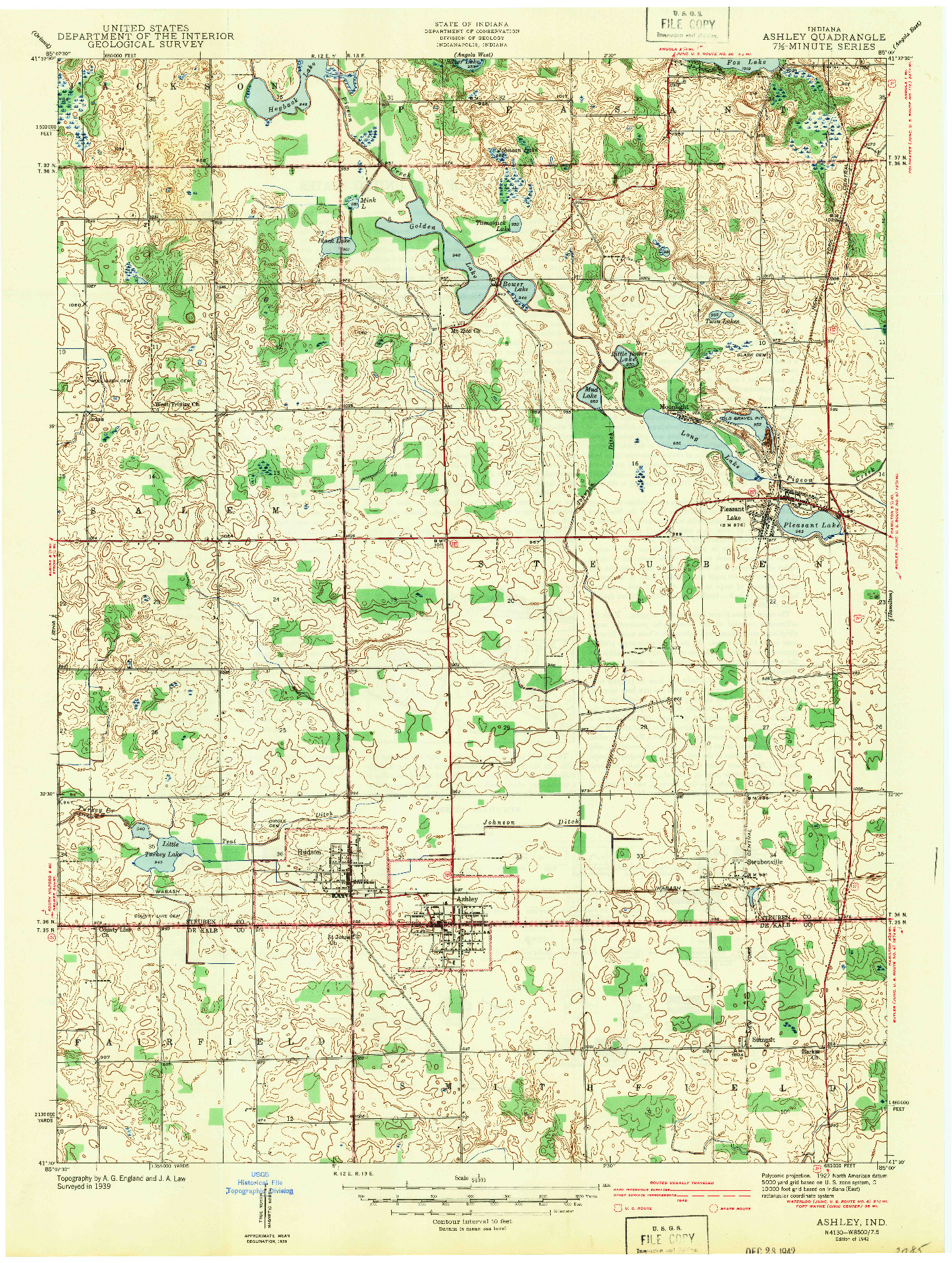 USGS 1:24000-SCALE QUADRANGLE FOR ASHLEY, IN 1942