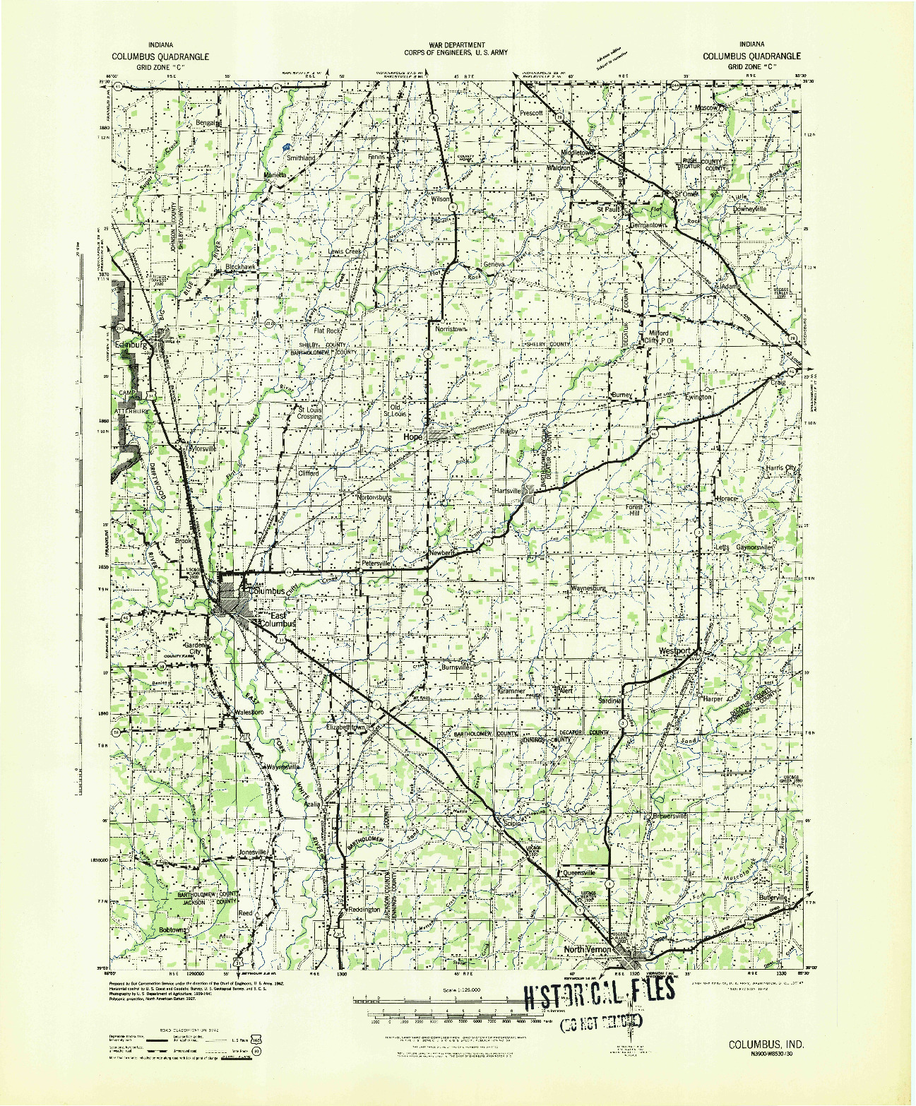 USGS 1:125000-SCALE QUADRANGLE FOR COLUMBUS, IN 1942