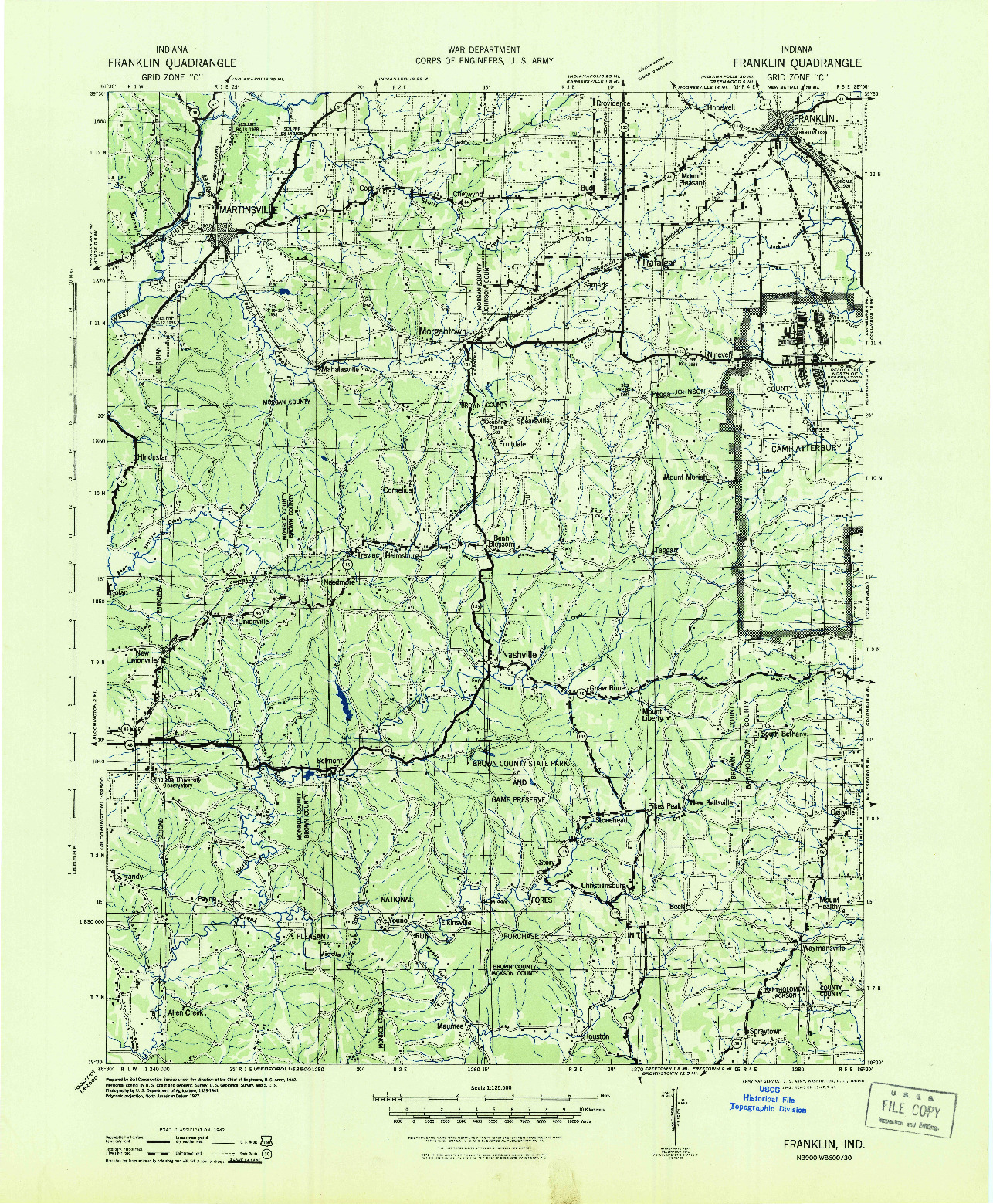USGS 1:125000-SCALE QUADRANGLE FOR FRANKLIN, IN 1942