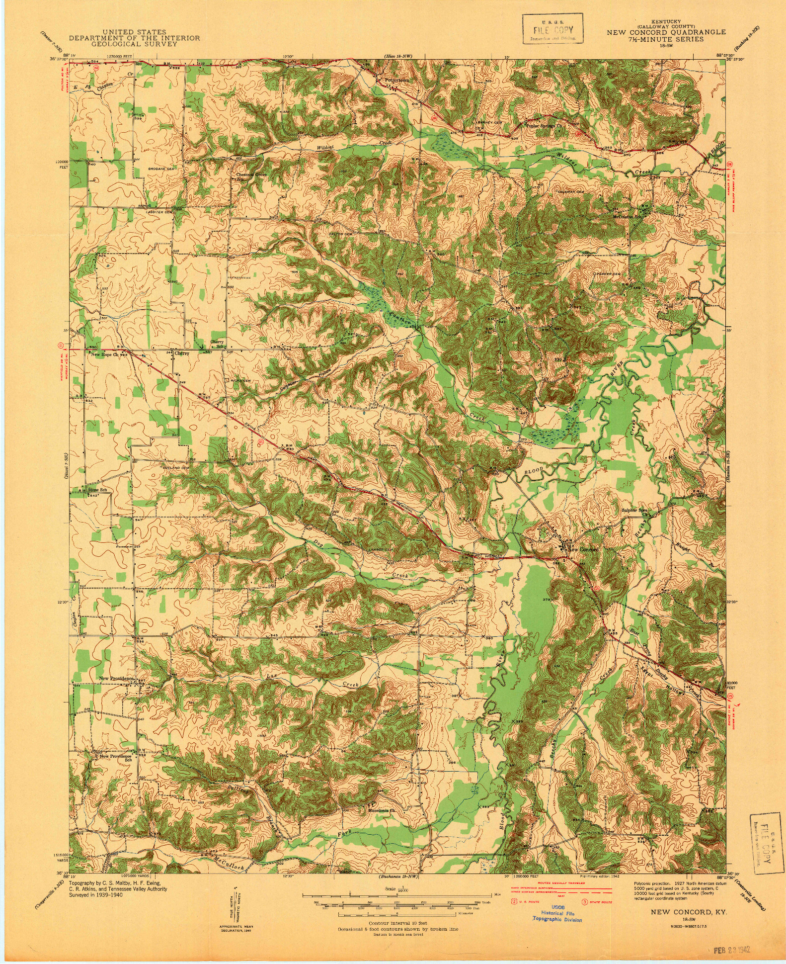 USGS 1:24000-SCALE QUADRANGLE FOR NEW CONCORD, KY 1942