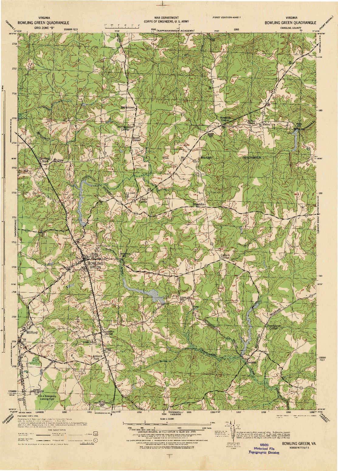 USGS 1:31680-SCALE QUADRANGLE FOR BOWLING GREEN, VA 1942