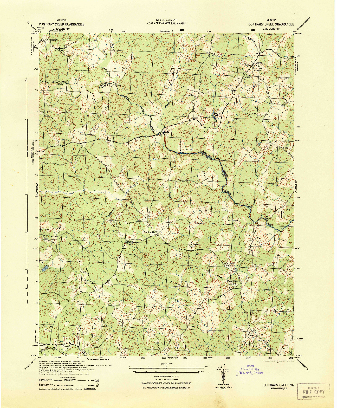 USGS 1:31680-SCALE QUADRANGLE FOR CONTRARY CREEK, VA 1942