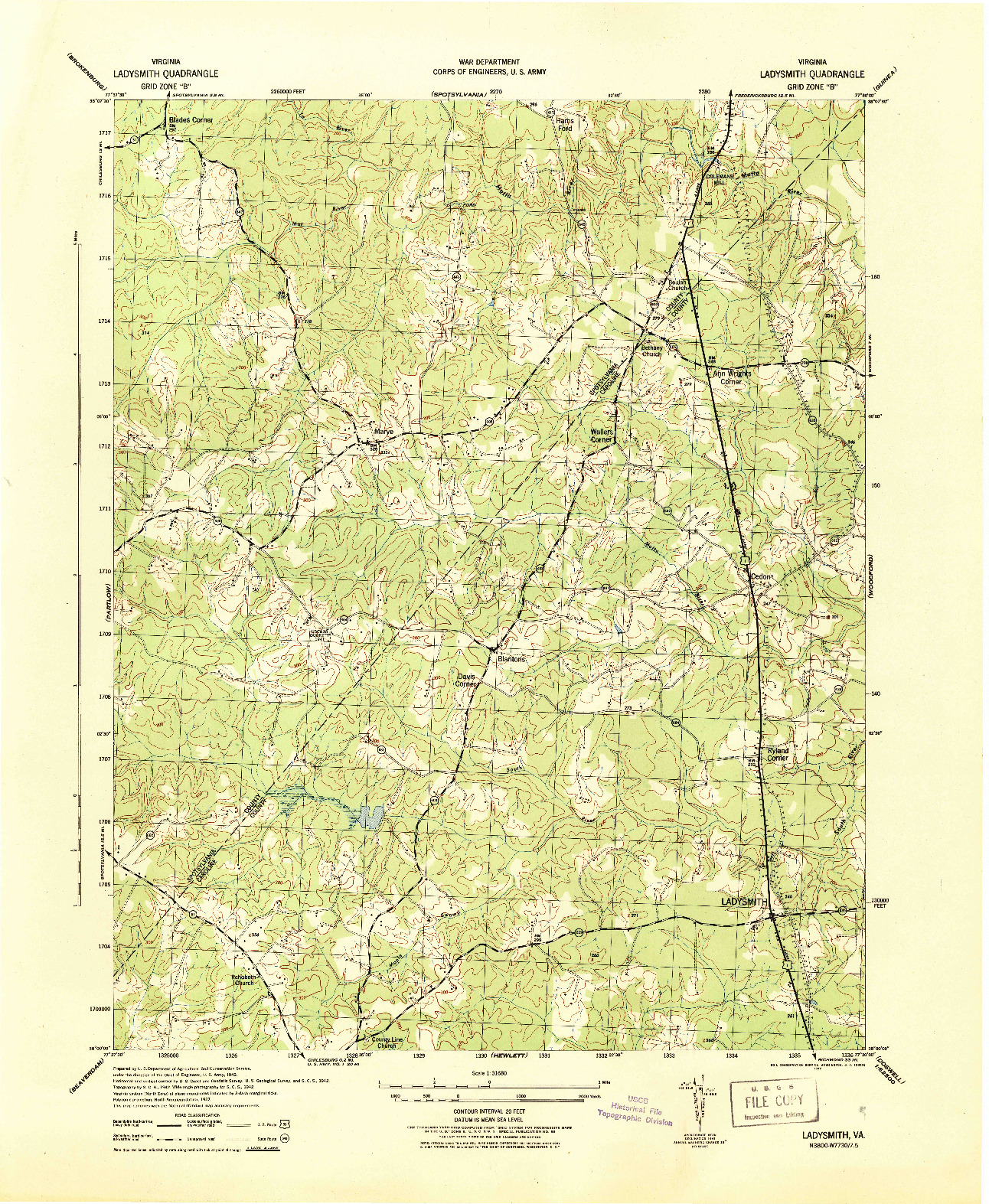 USGS 1:31680-SCALE QUADRANGLE FOR LADYSMITH, VA 1942