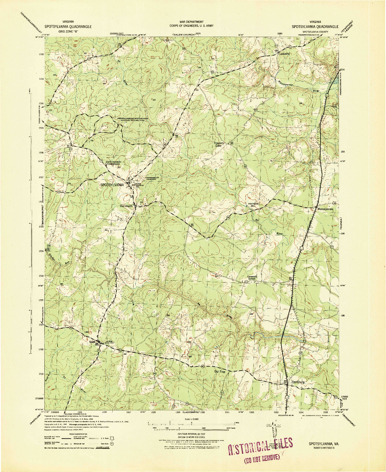 USGS 1:31680-SCALE QUADRANGLE FOR SPOTSYLANIA, VA 1942