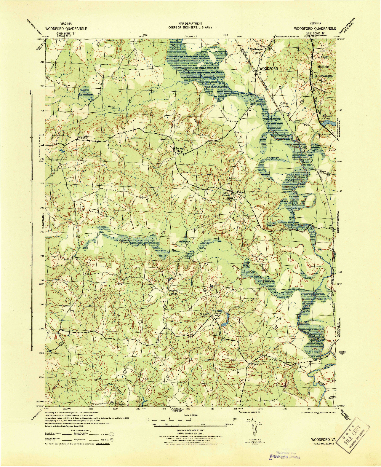 USGS 1:31680-SCALE QUADRANGLE FOR WOODFORD, VA 1942