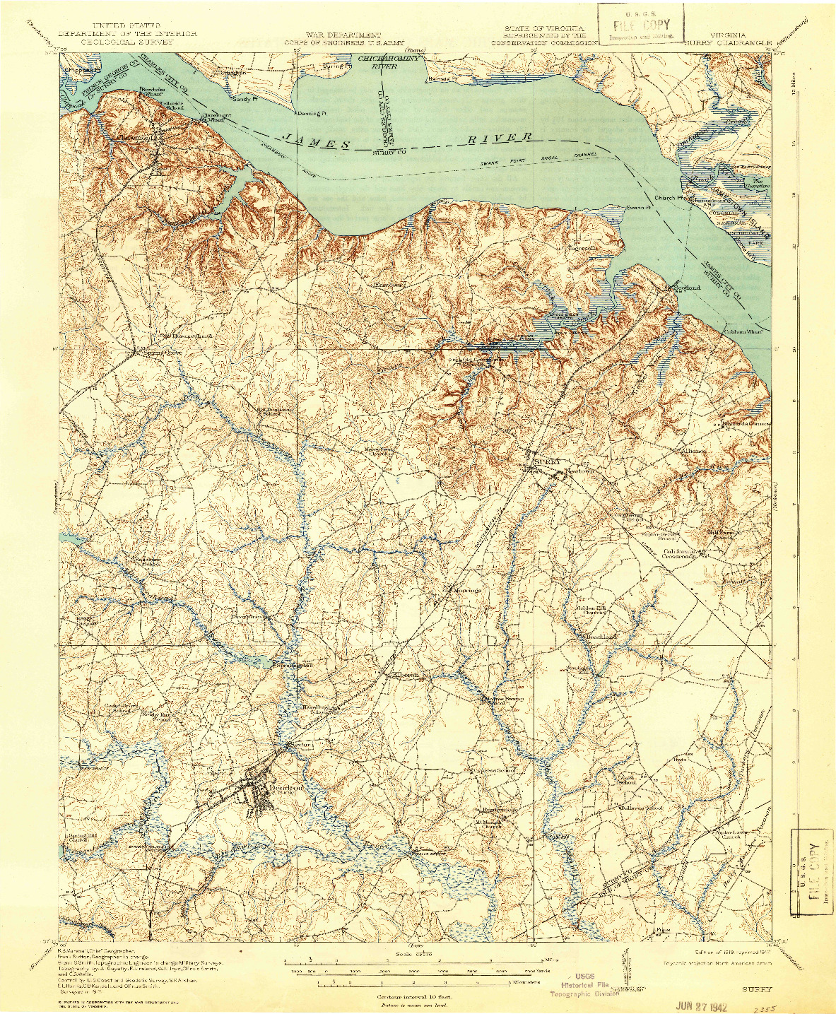 USGS 1:62500-SCALE QUADRANGLE FOR SURRY, VA 1919