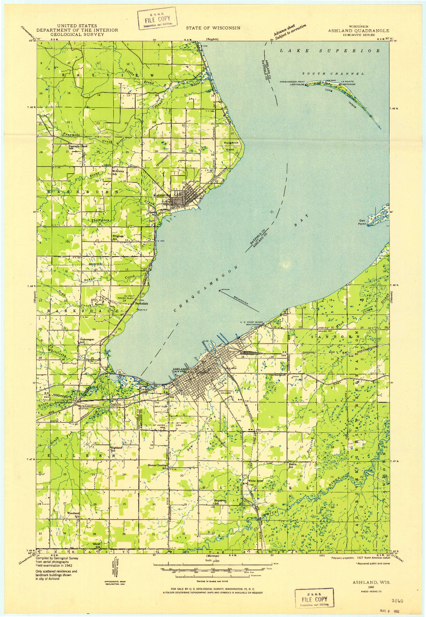 USGS 1:48000-SCALE QUADRANGLE FOR ASHLAND, WI 1942