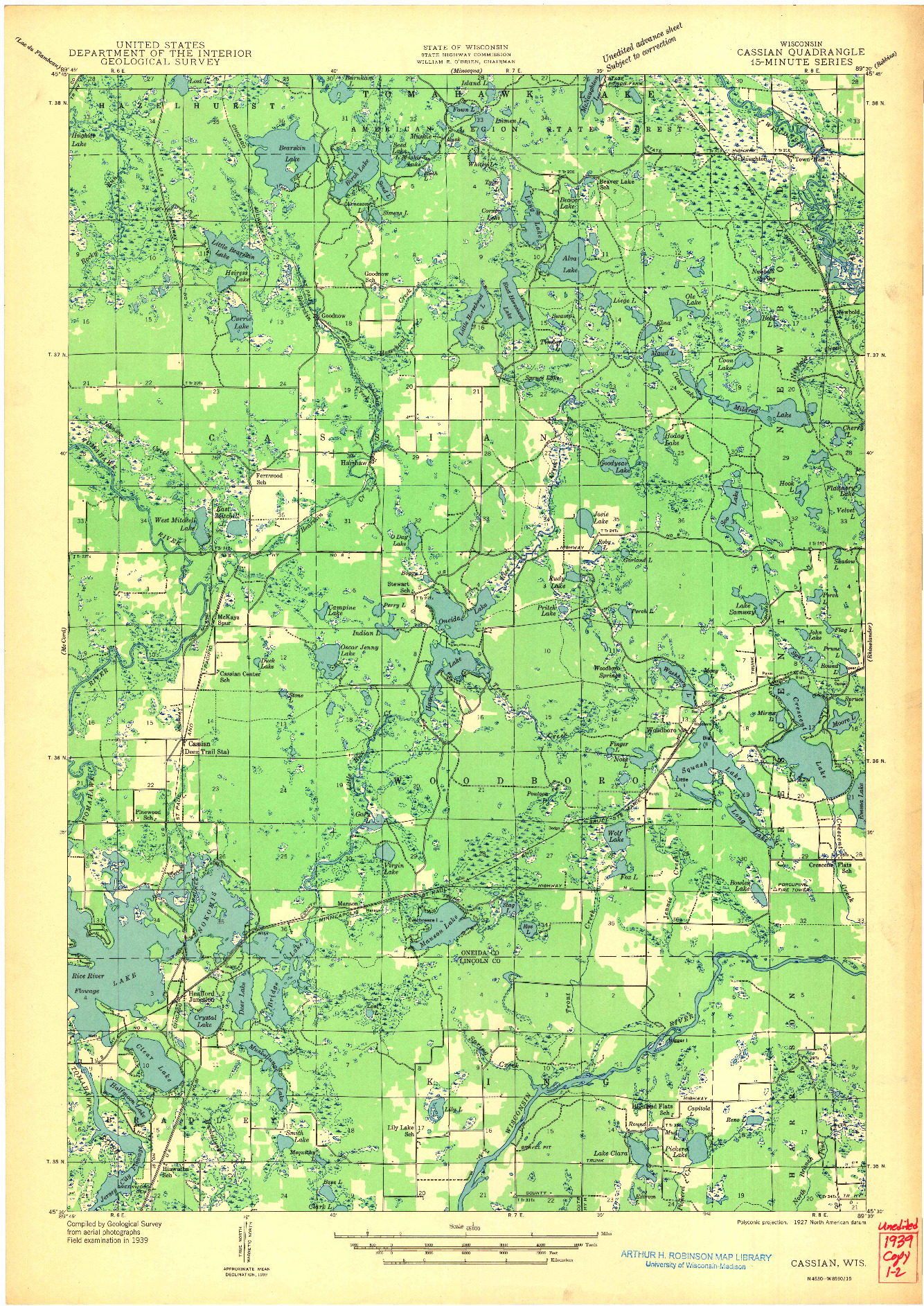 USGS 1:48000-SCALE QUADRANGLE FOR CASSIAN, WI 1942