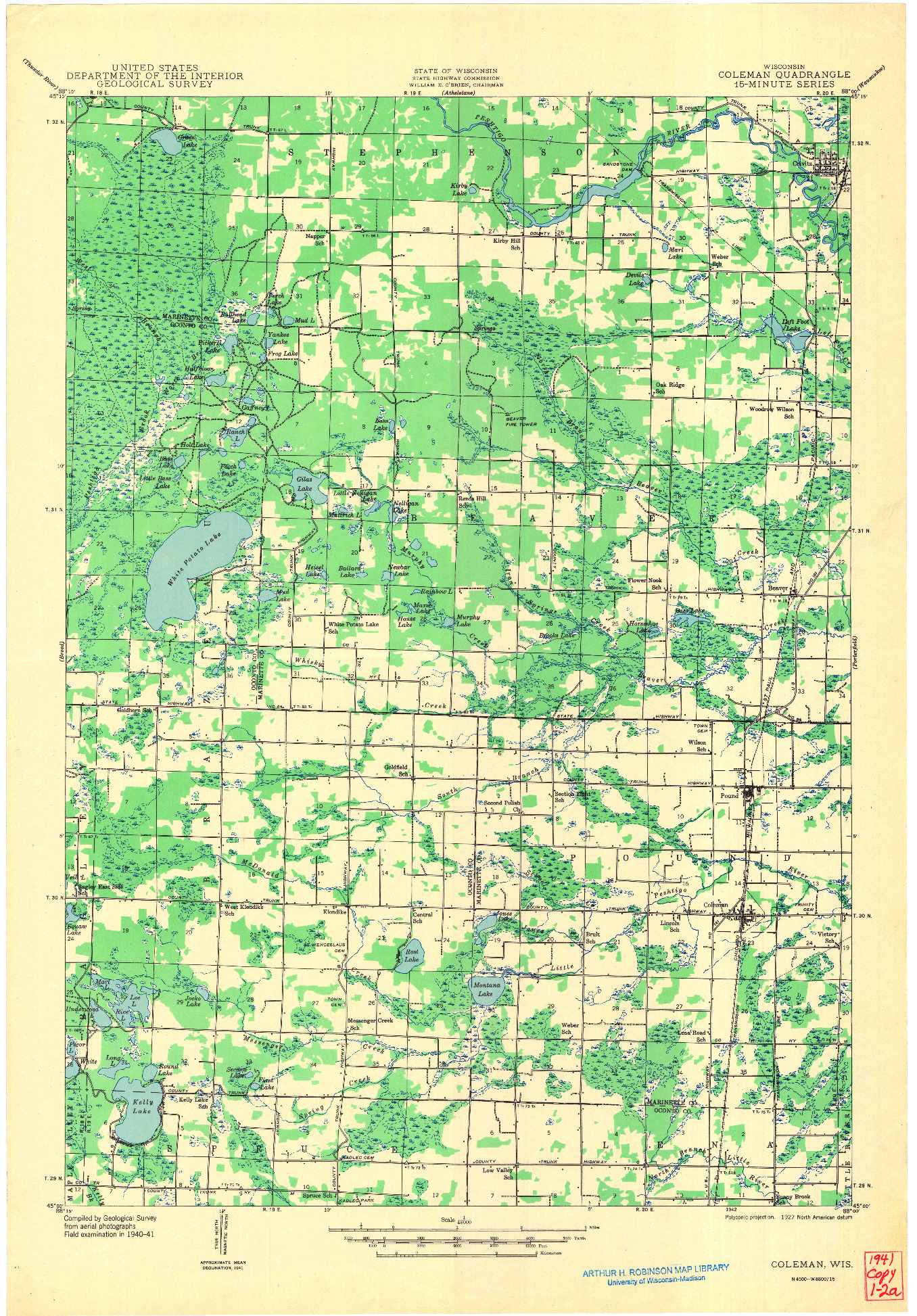 USGS 1:48000-SCALE QUADRANGLE FOR COLEMAN, WI 1942