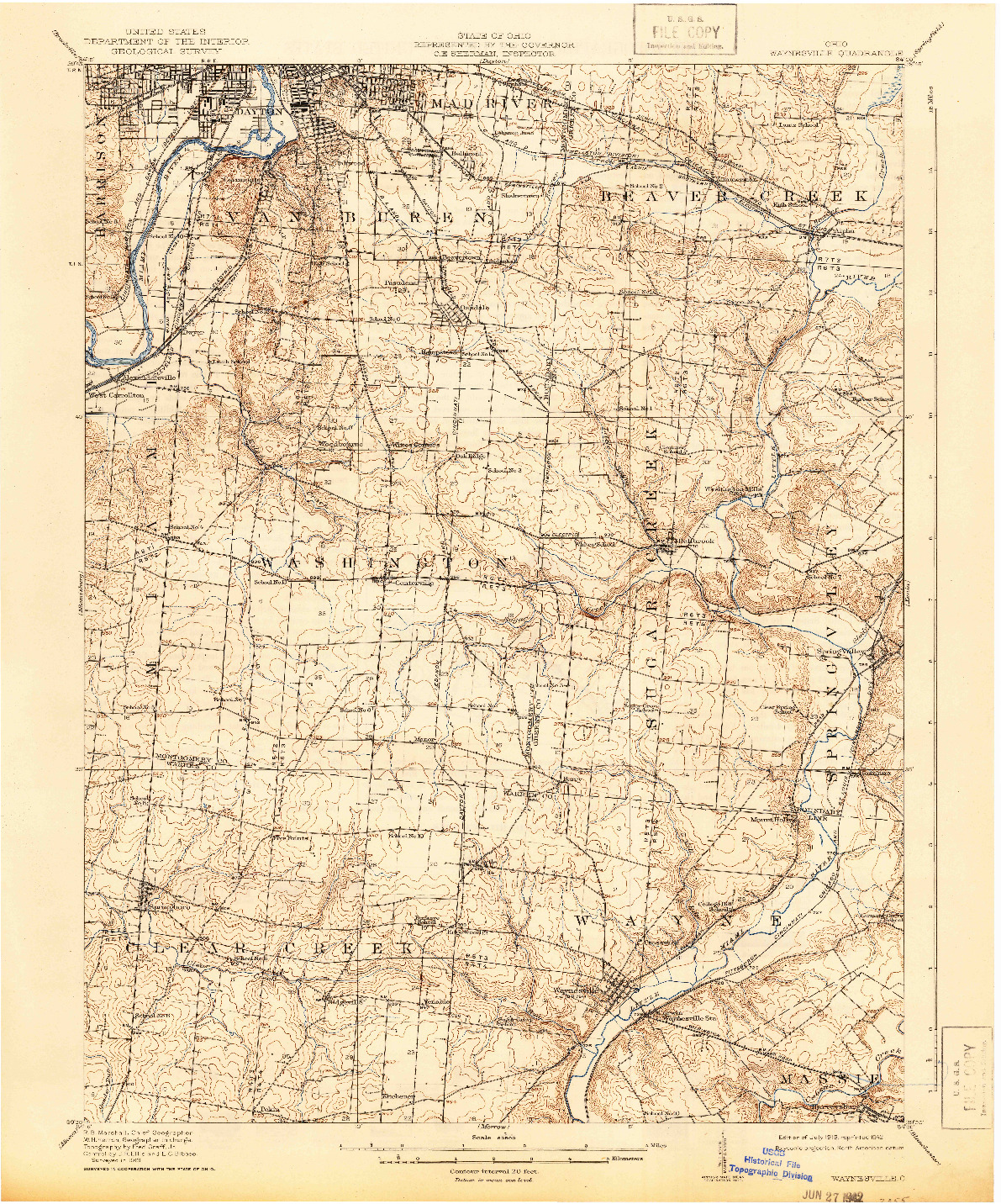 USGS 1:62500-SCALE QUADRANGLE FOR WAYNESVILLE, OH 1915
