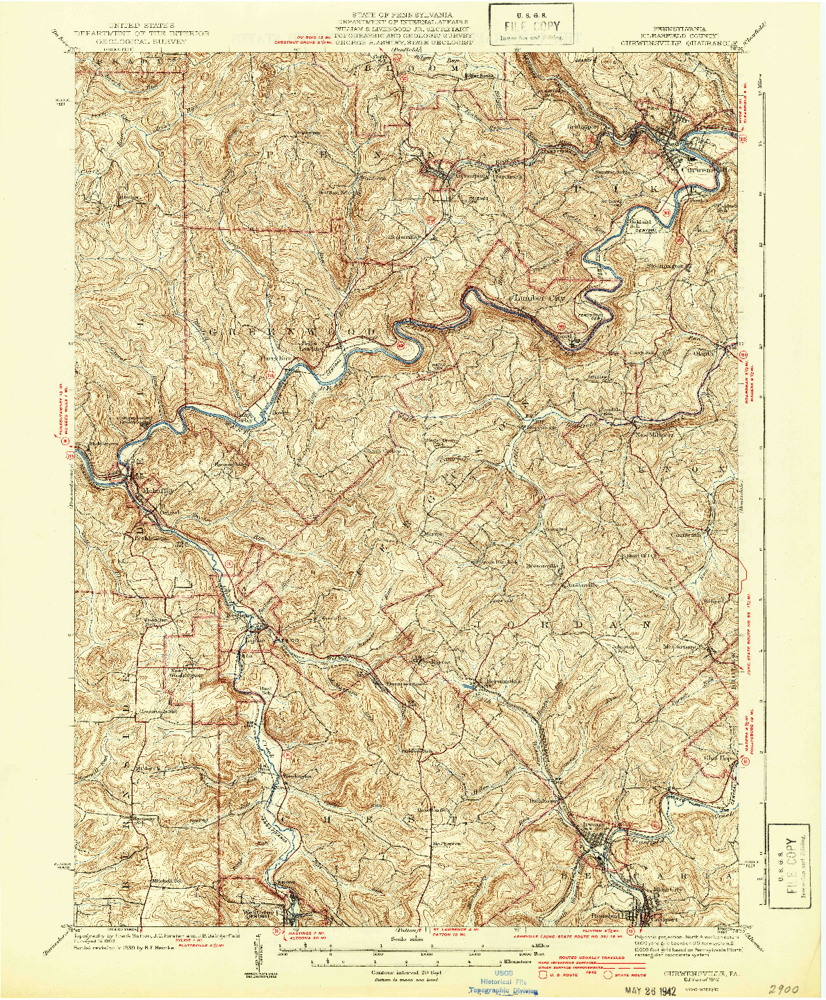 USGS 1:62500-SCALE QUADRANGLE FOR CURWENSVILLE, PA 1942