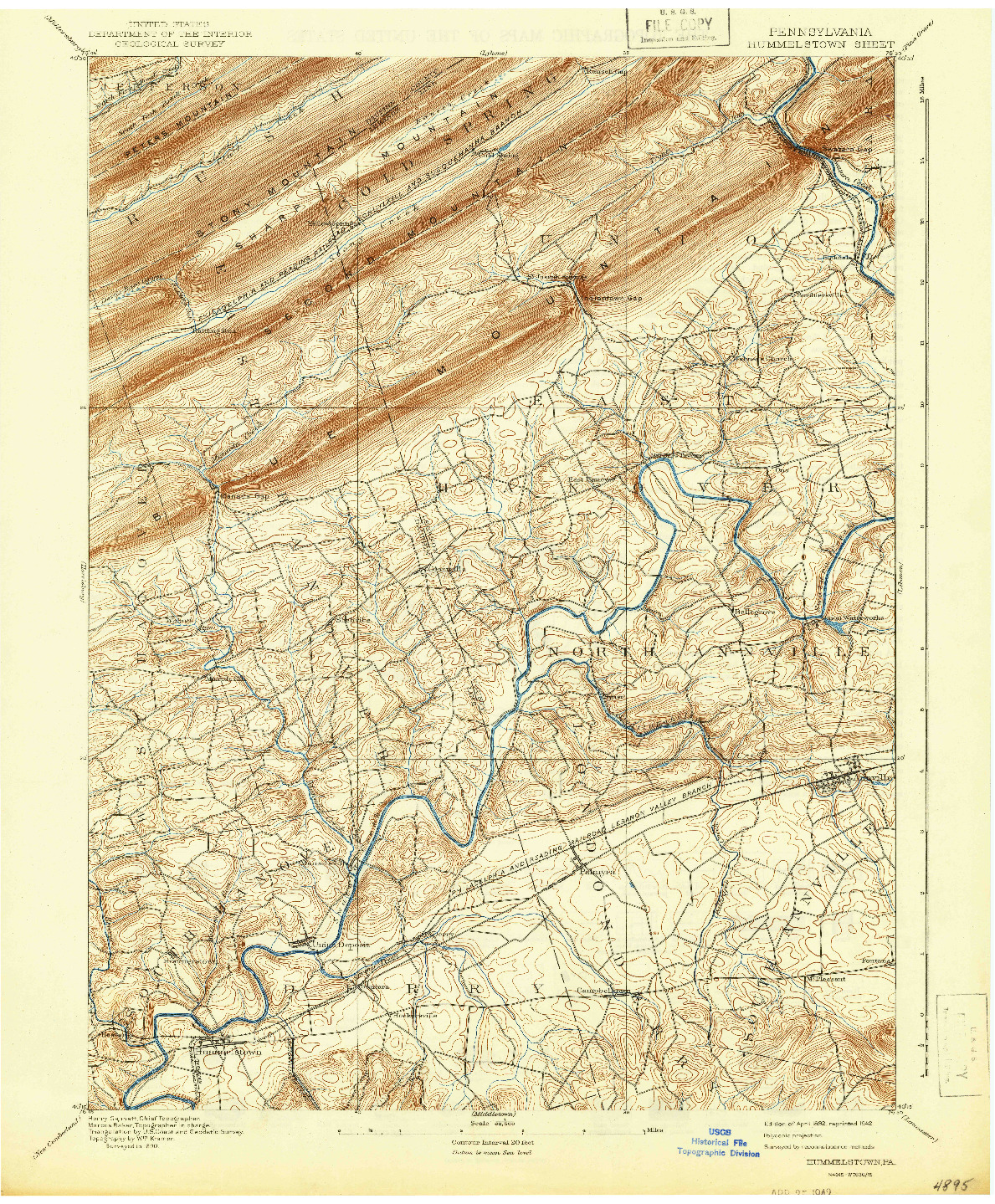 USGS 1:62500-SCALE QUADRANGLE FOR HUMMELSTOWN, PA 1892