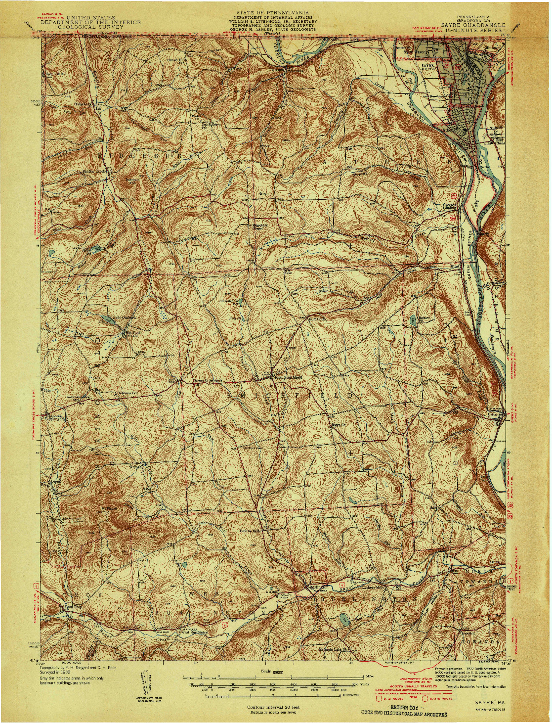 USGS 1:62500-SCALE QUADRANGLE FOR SAYRE, PA 1942