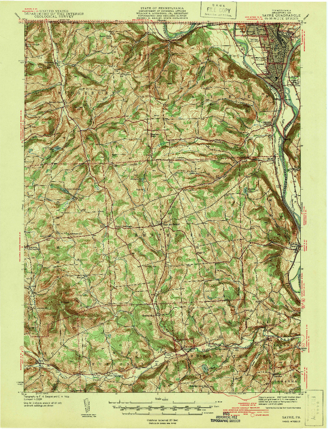 USGS 1:62500-SCALE QUADRANGLE FOR SAYRE, PA 1942