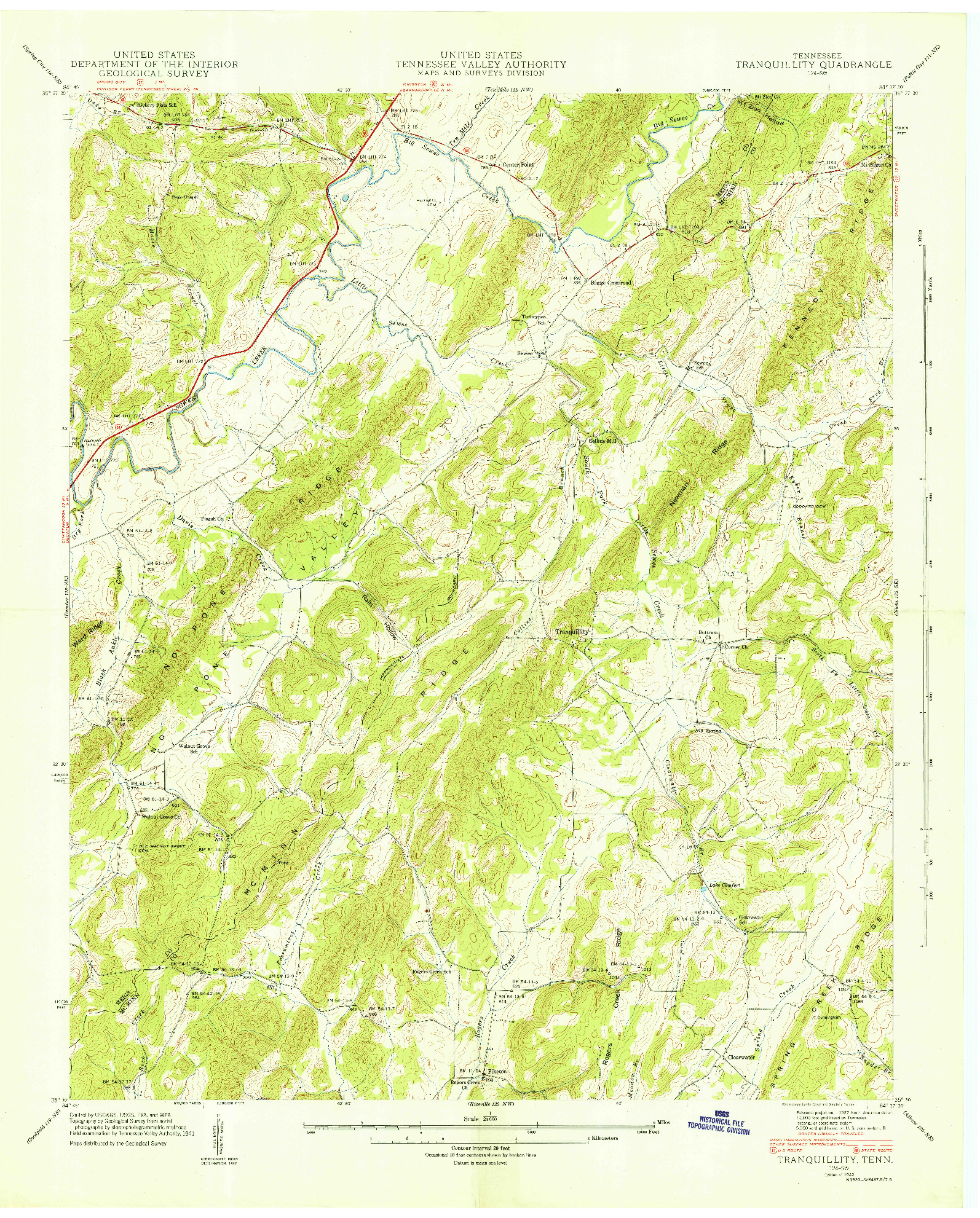 USGS 1:24000-SCALE QUADRANGLE FOR TRANQUILLITY, TN 1942