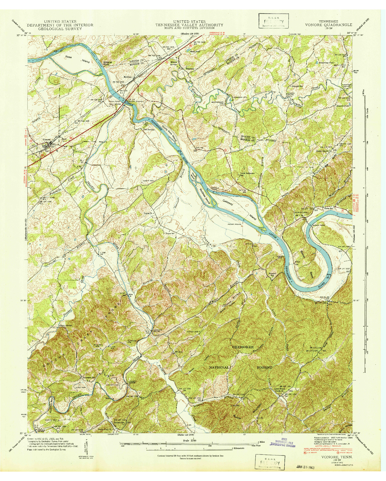 USGS 1:24000-SCALE QUADRANGLE FOR VONORE, TN 1942