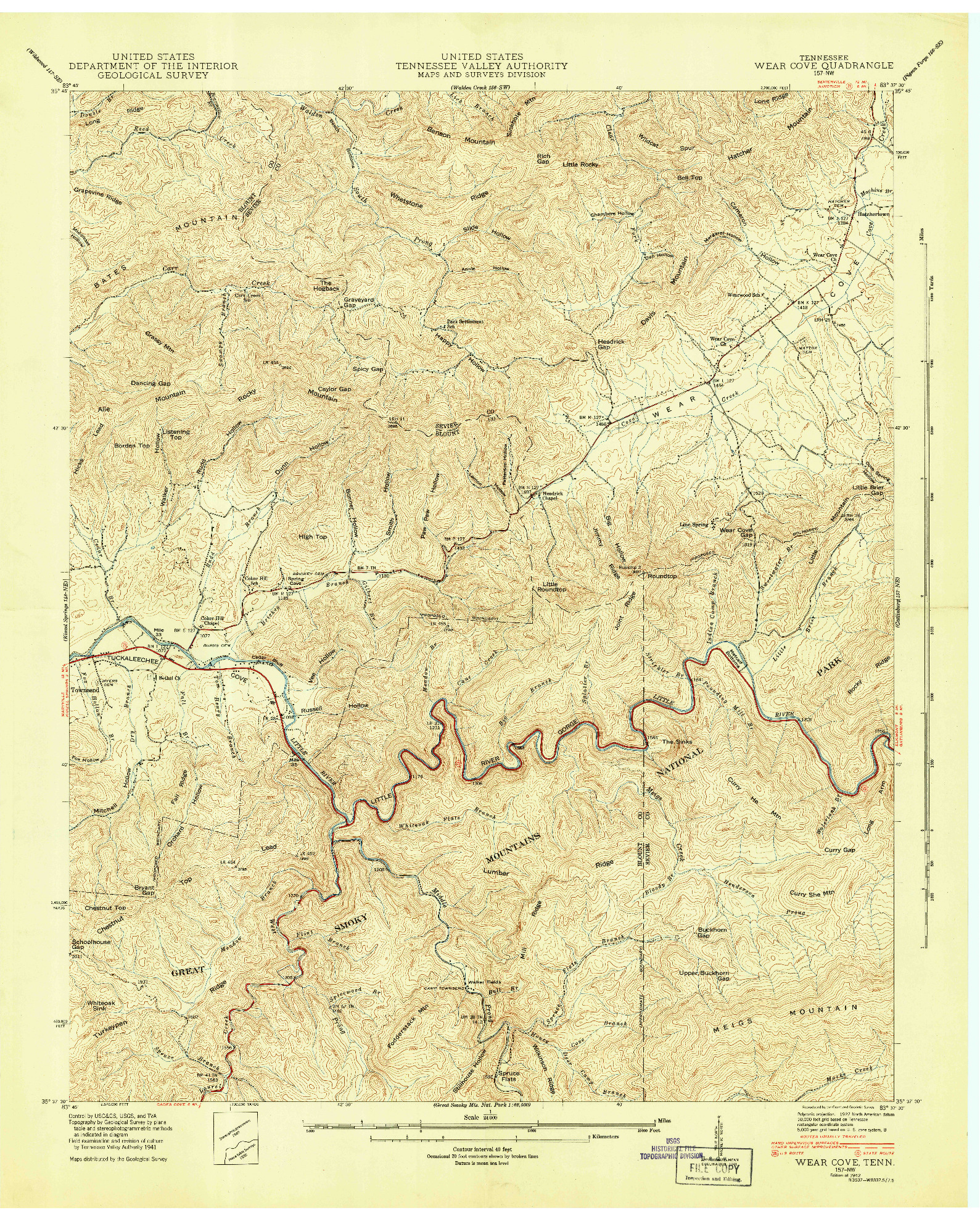 USGS 1:24000-SCALE QUADRANGLE FOR WEAR COVE, TN 1942