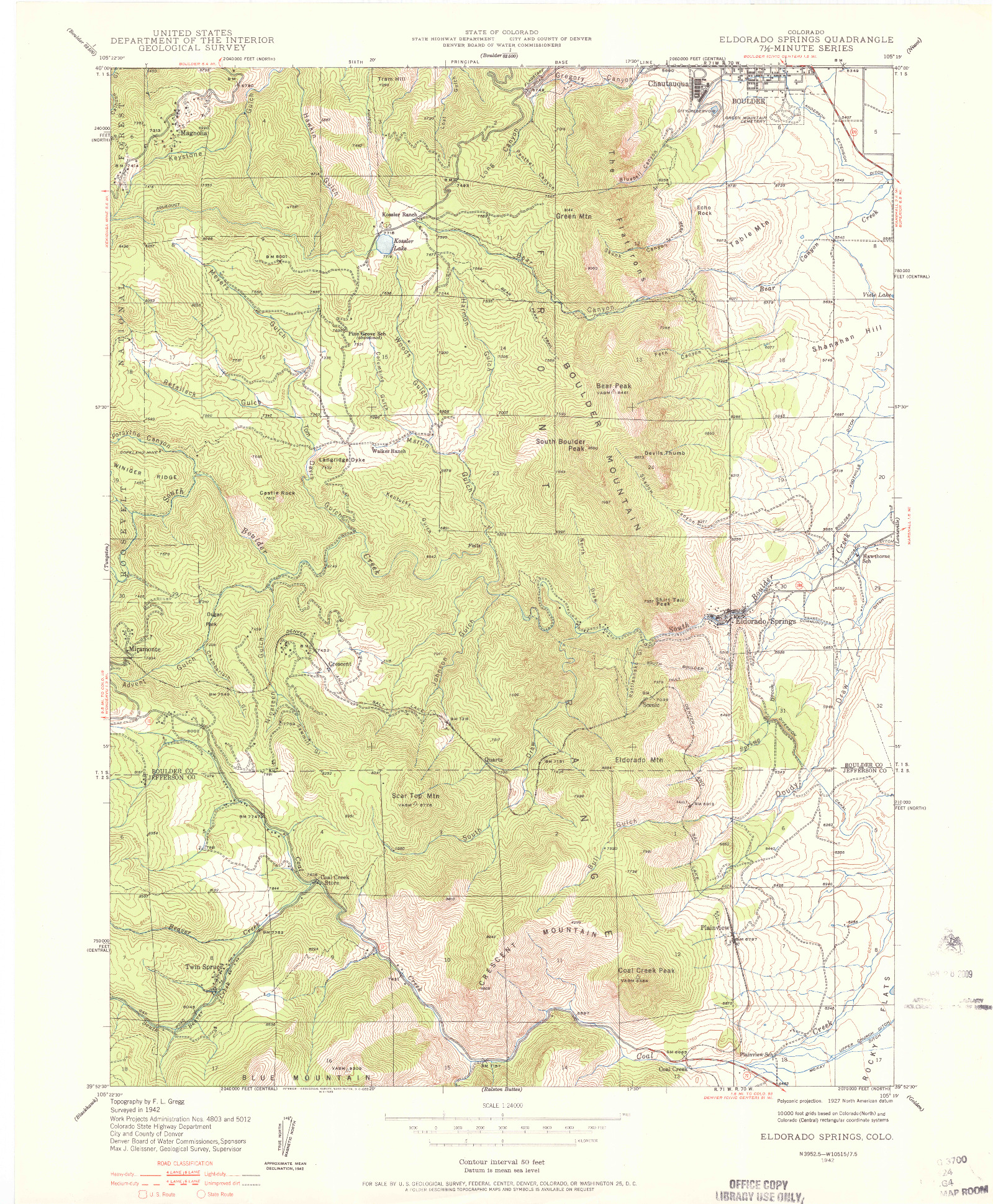 USGS 1:24000-SCALE QUADRANGLE FOR ELDORADO SPRINGS, CO 1942