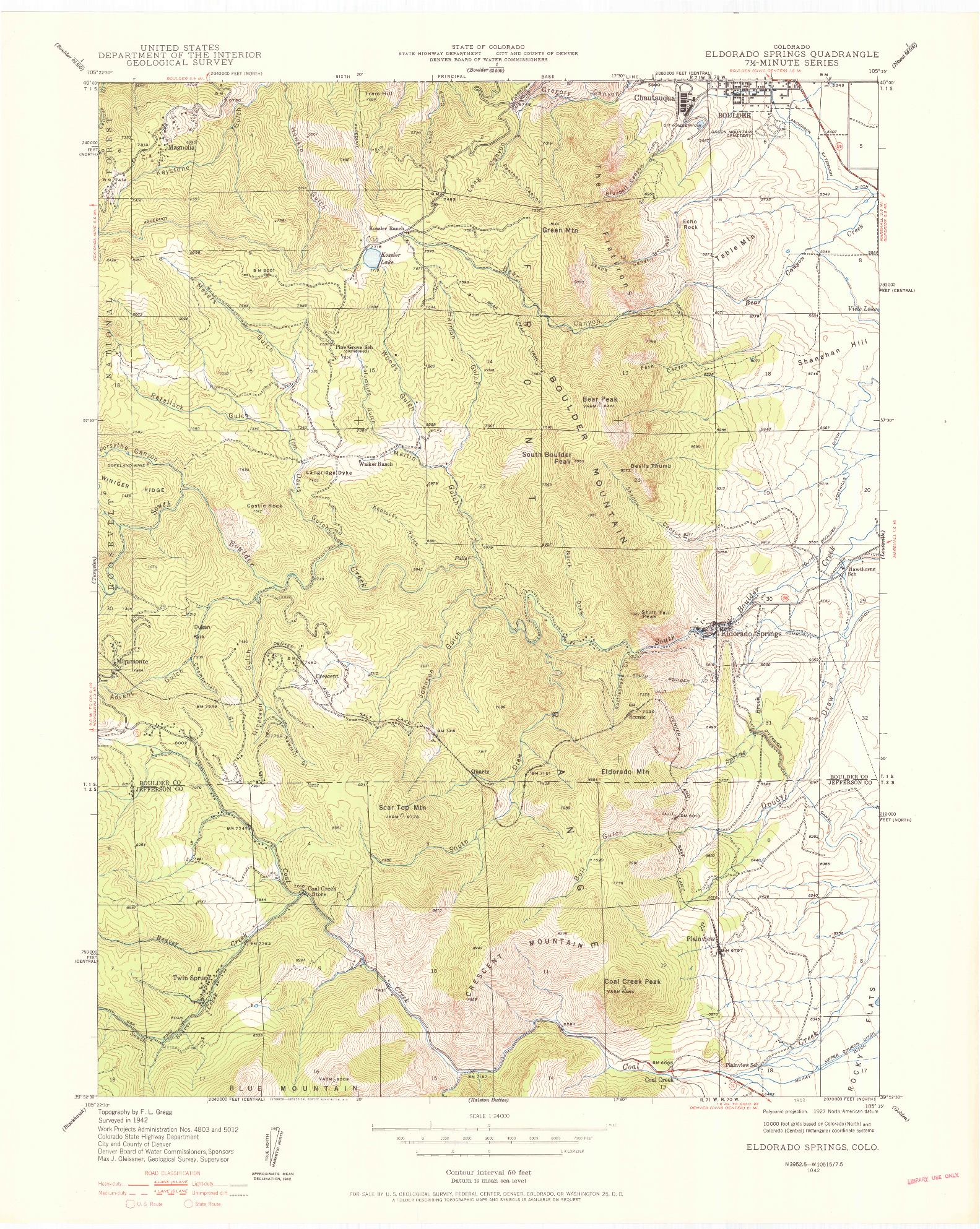USGS 1:24000-SCALE QUADRANGLE FOR ELDORADO SPRINGS, CO 1942