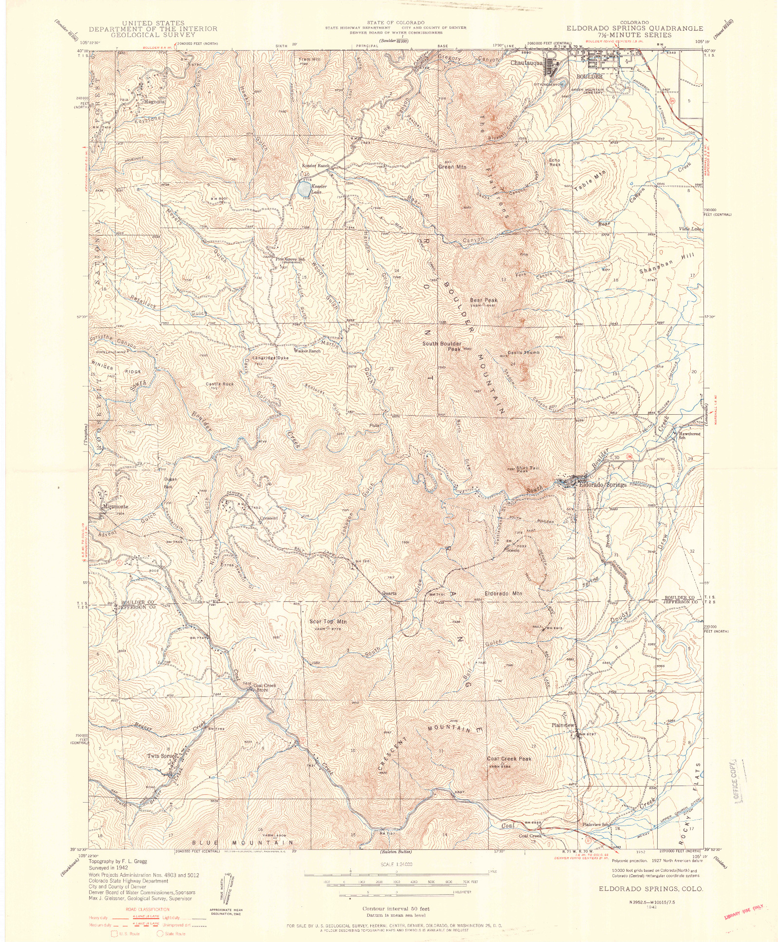 USGS 1:24000-SCALE QUADRANGLE FOR ELDORADO SPRINGS, CO 1942