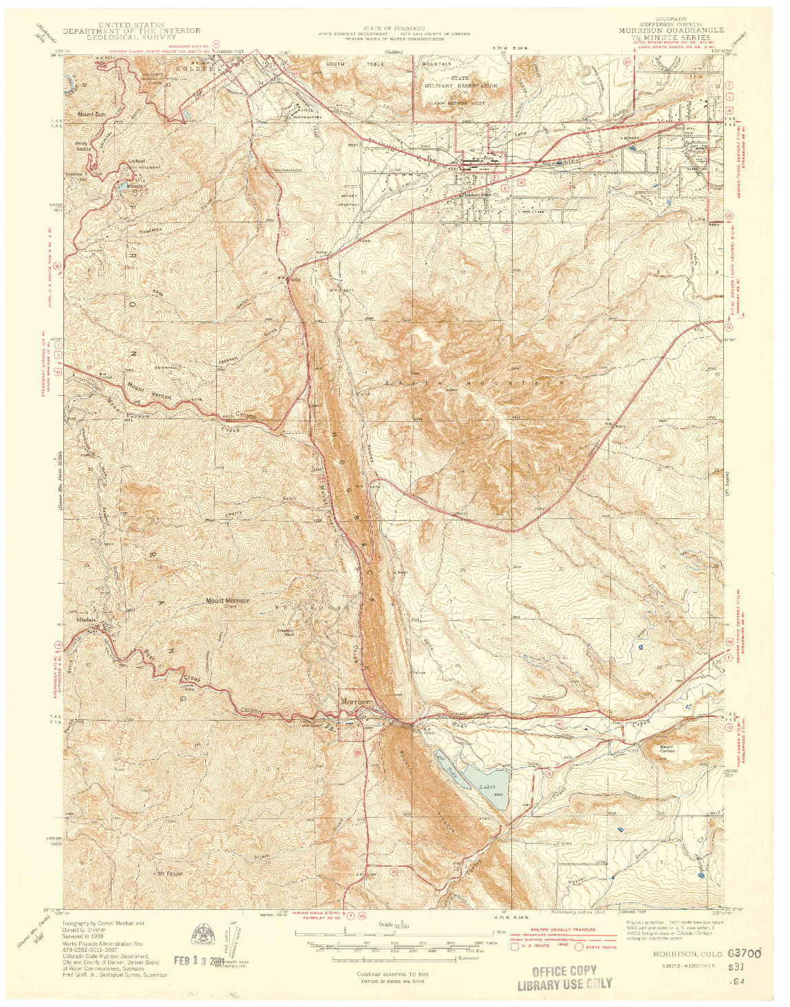 USGS 1:31680-SCALE QUADRANGLE FOR MORRISON, CO 1942