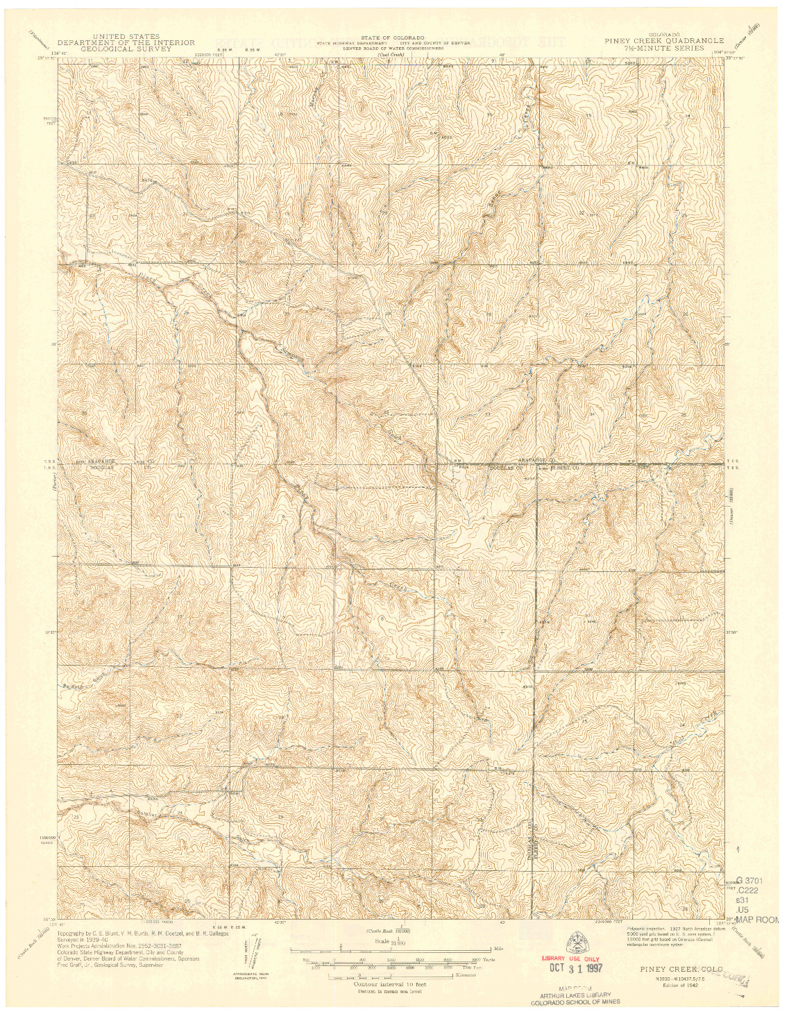 USGS 1:31680-SCALE QUADRANGLE FOR PINEY CREEK, CO 1942