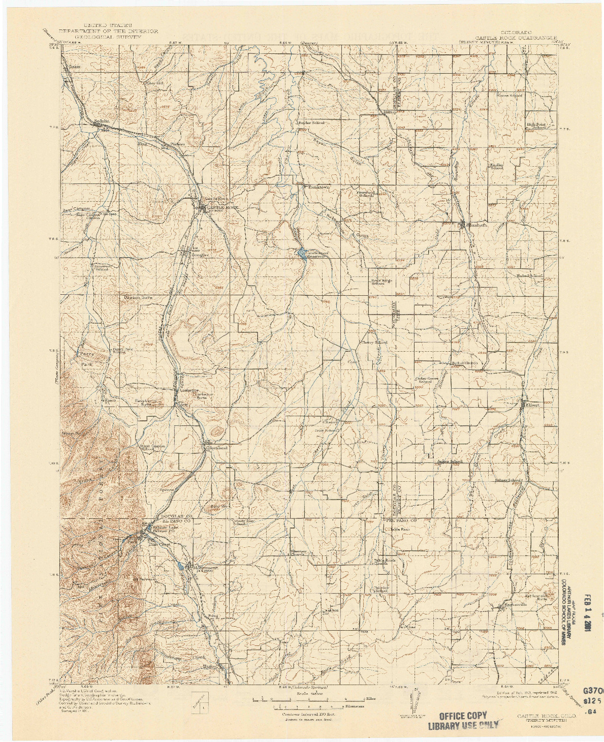 USGS 1:125000-SCALE QUADRANGLE FOR CASTLE ROCK, CO 1913