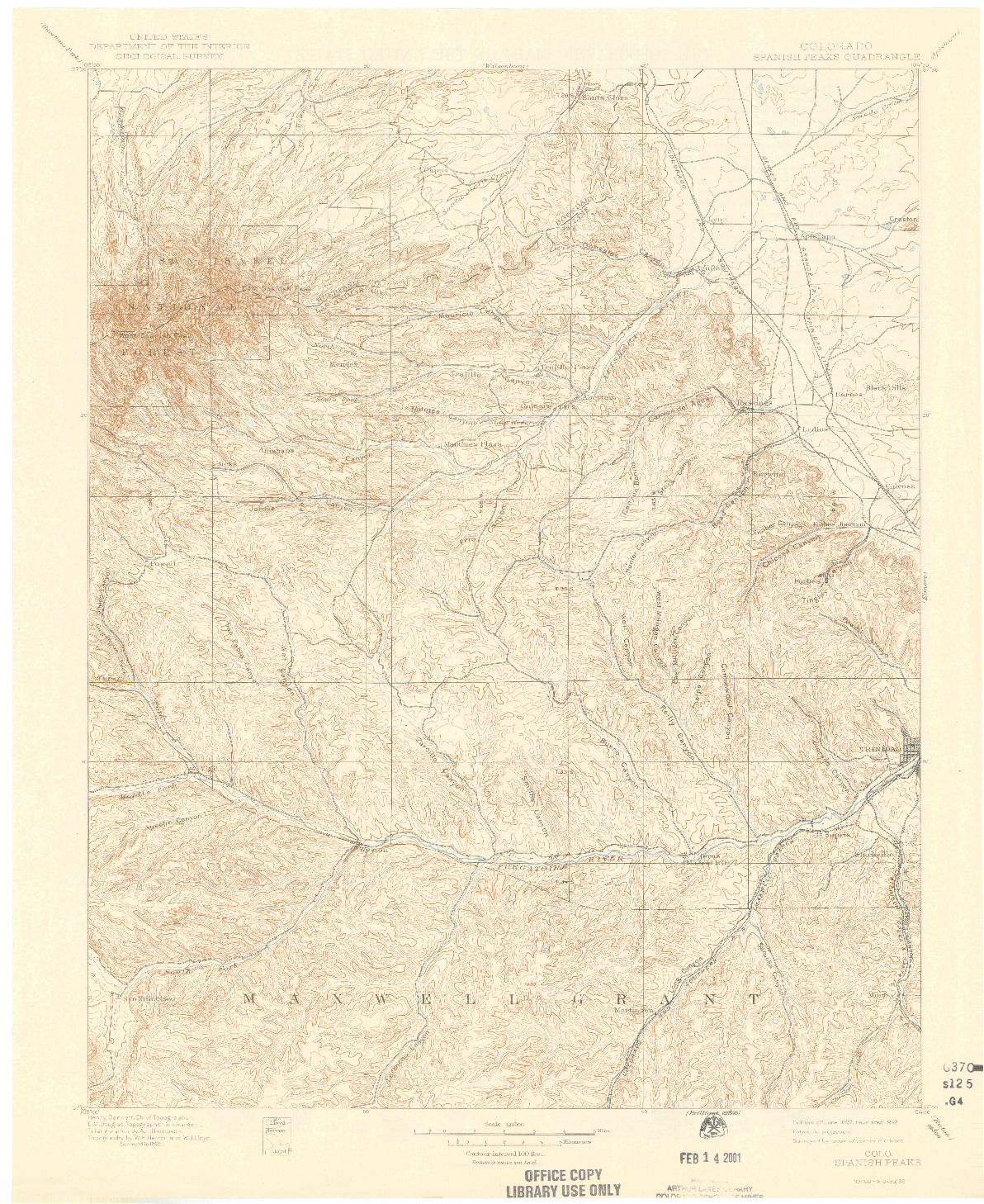 USGS 1:125000-SCALE QUADRANGLE FOR SPANISH PEAKS, CO 1897