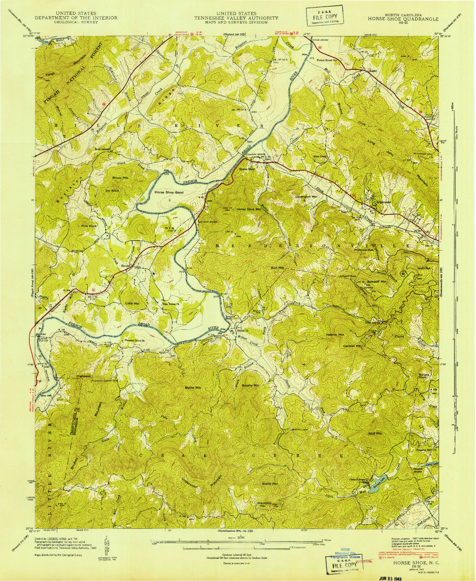 USGS 1:24000-SCALE QUADRANGLE FOR HORSE SHOE, NC 1942