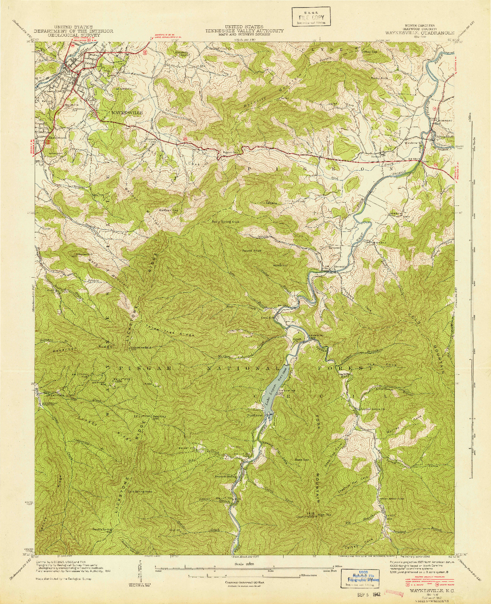 USGS 1:24000-SCALE QUADRANGLE FOR WAYNESVILLE, NC 1942