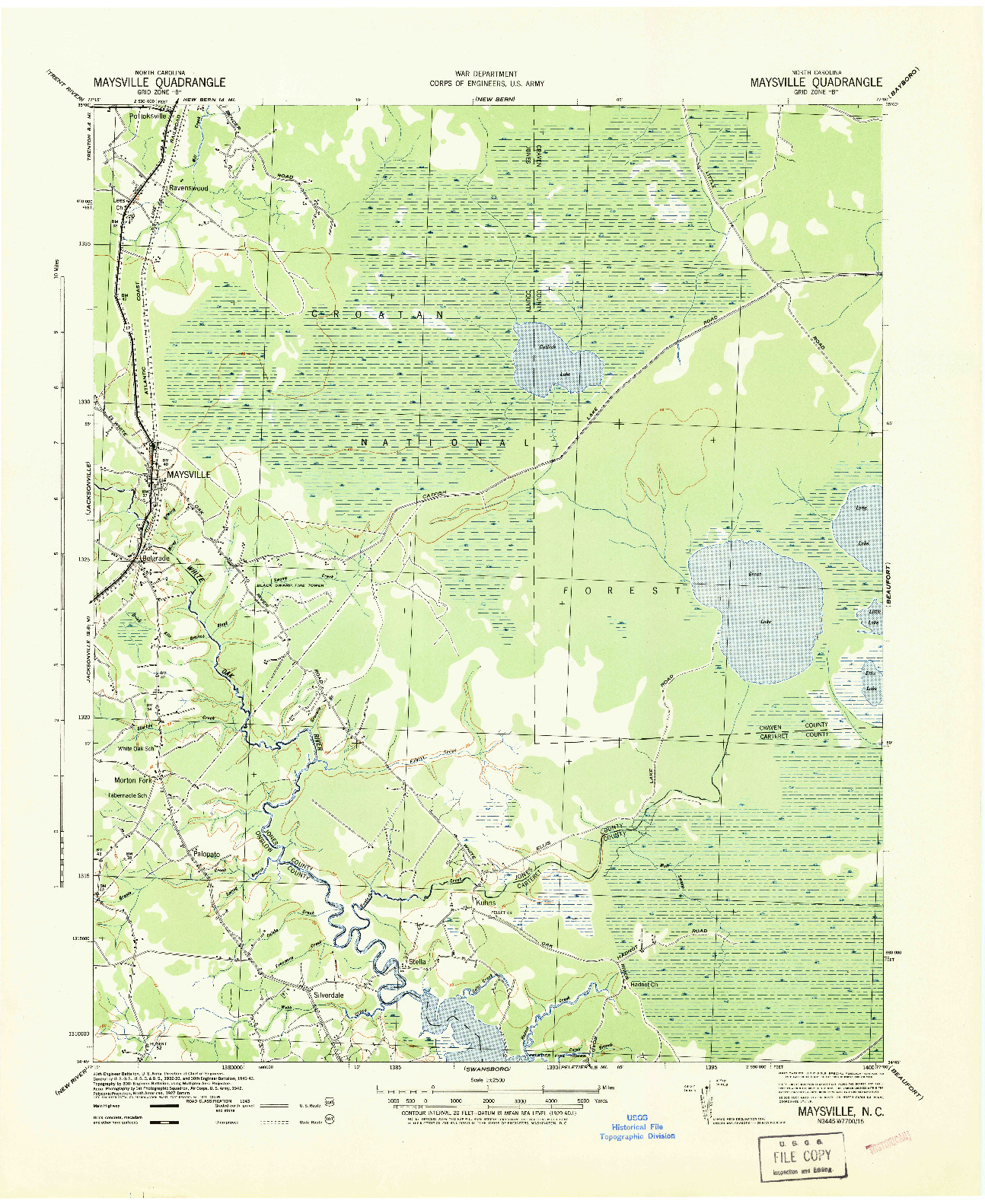 USGS 1:62500-SCALE QUADRANGLE FOR MAYSVILLE, NC 1942