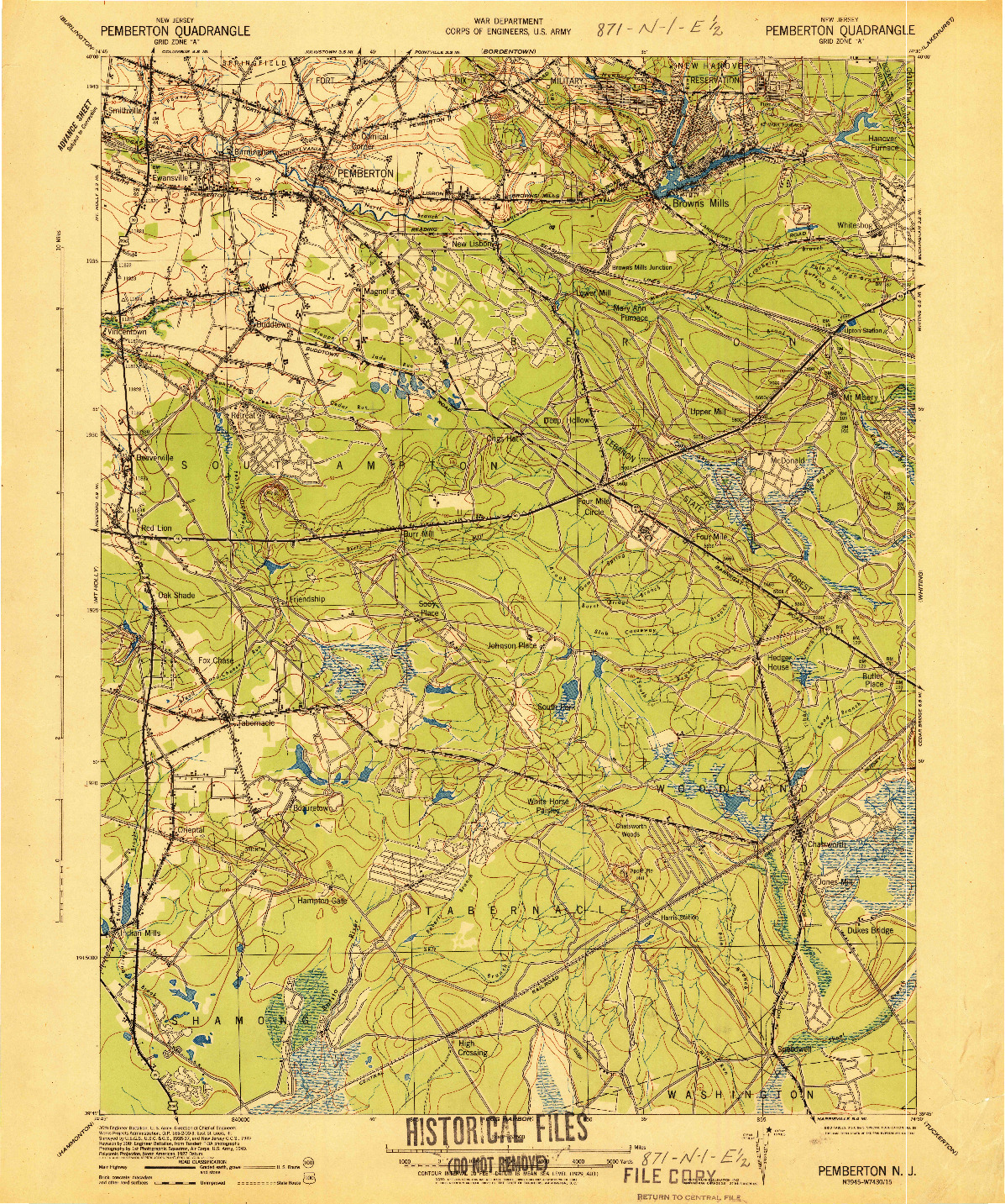 USGS 1:62500-SCALE QUADRANGLE FOR PEMBERTON, NJ 1942