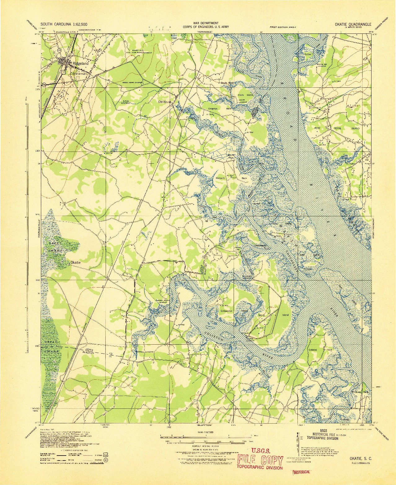 USGS 1:62500-SCALE QUADRANGLE FOR OKATIE, SC 1942