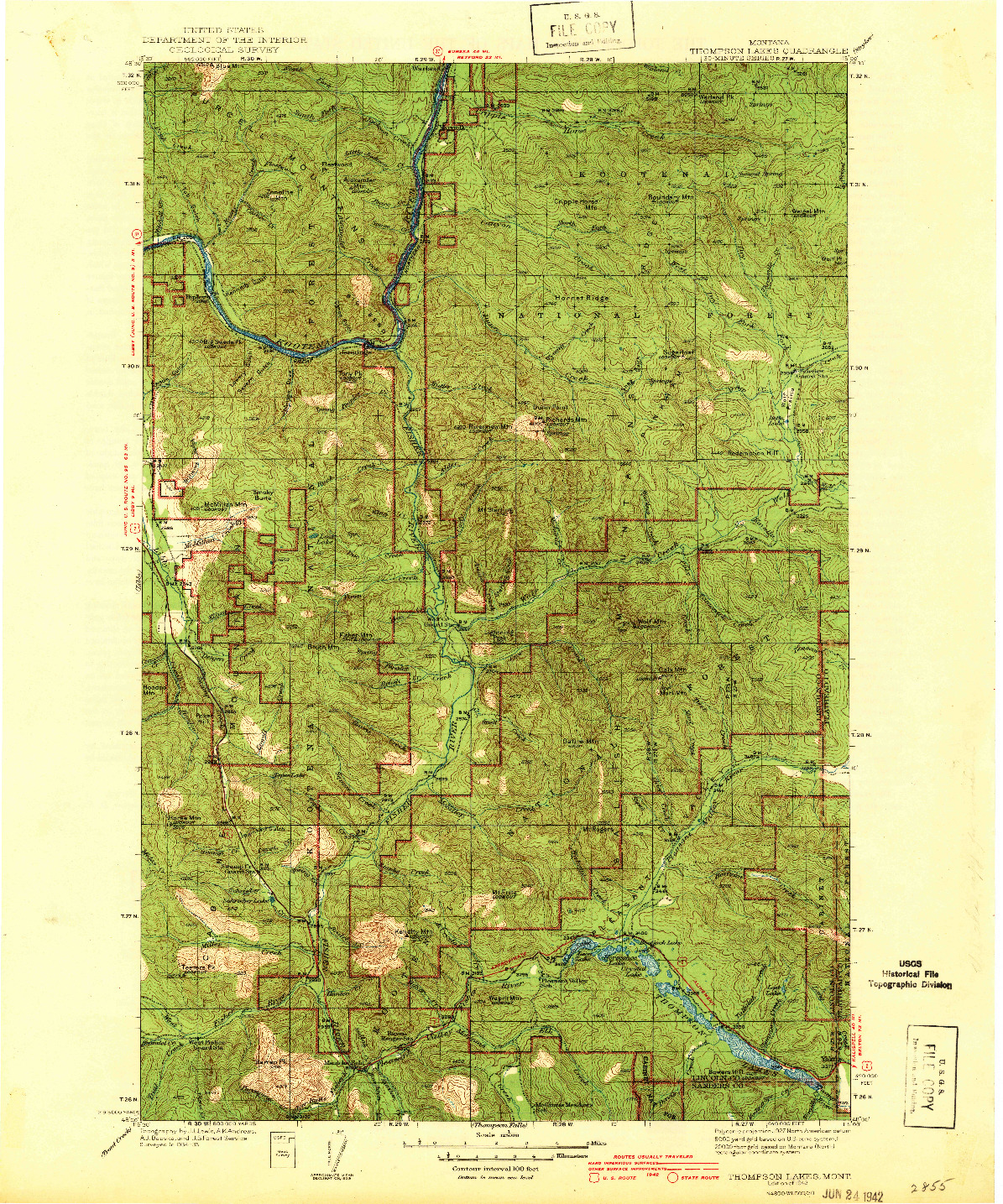 USGS 1:125000-SCALE QUADRANGLE FOR THOMPSON LAKES, MT 1942
