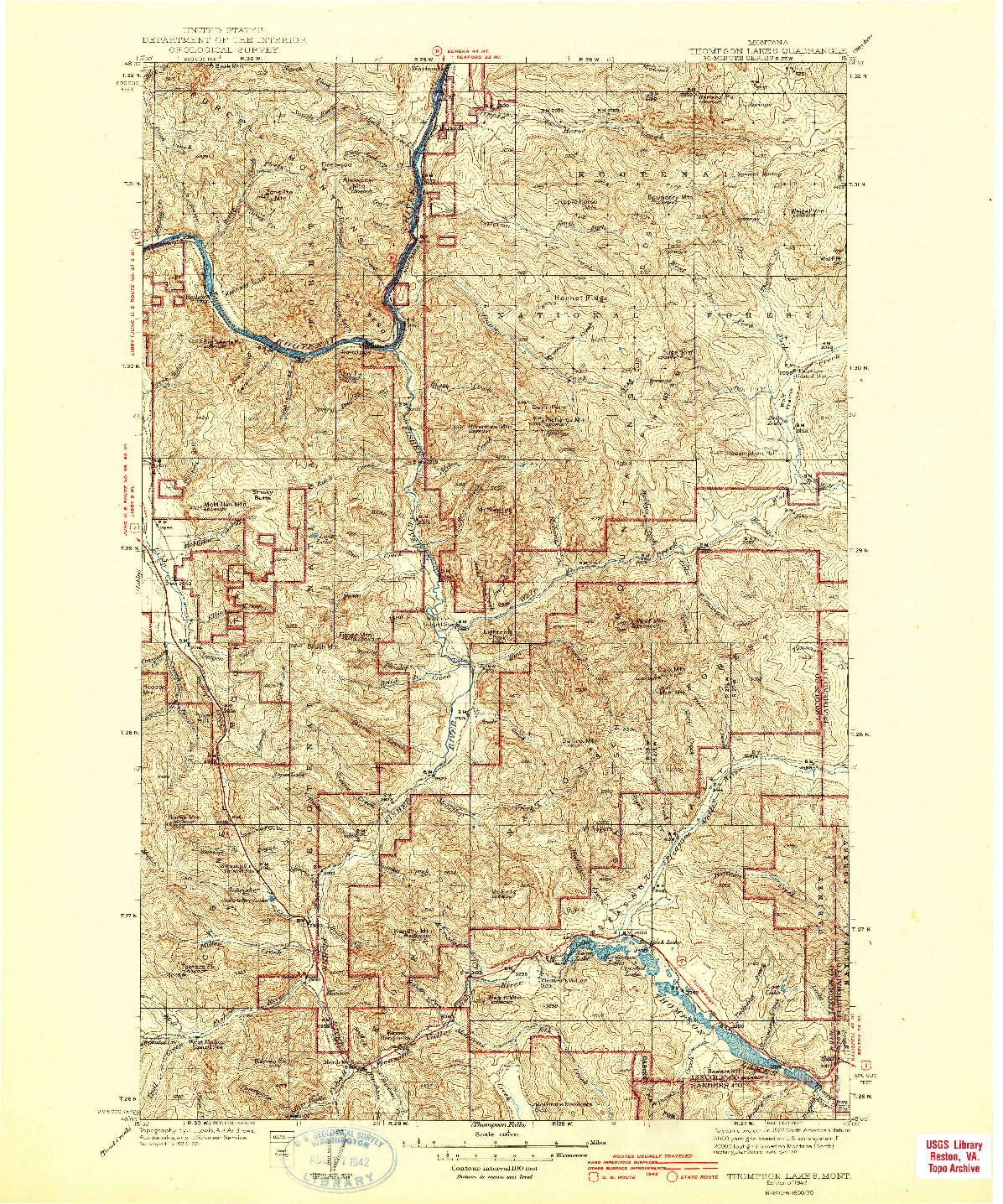 USGS 1:125000-SCALE QUADRANGLE FOR THOMPSON LAKES, MT 1942